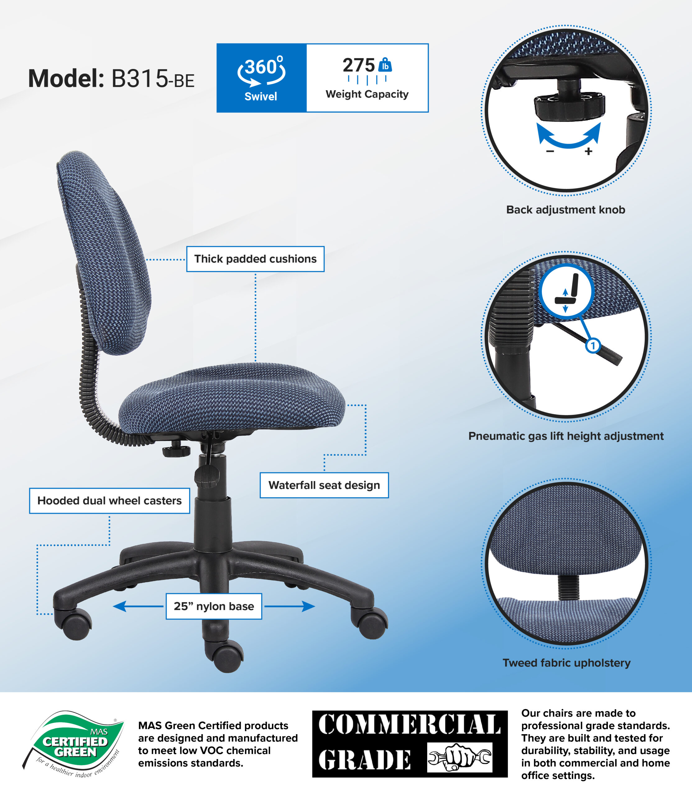 Boss Perfect Posture Deluxe Office Task Chair without Arms, Blue - Image 3