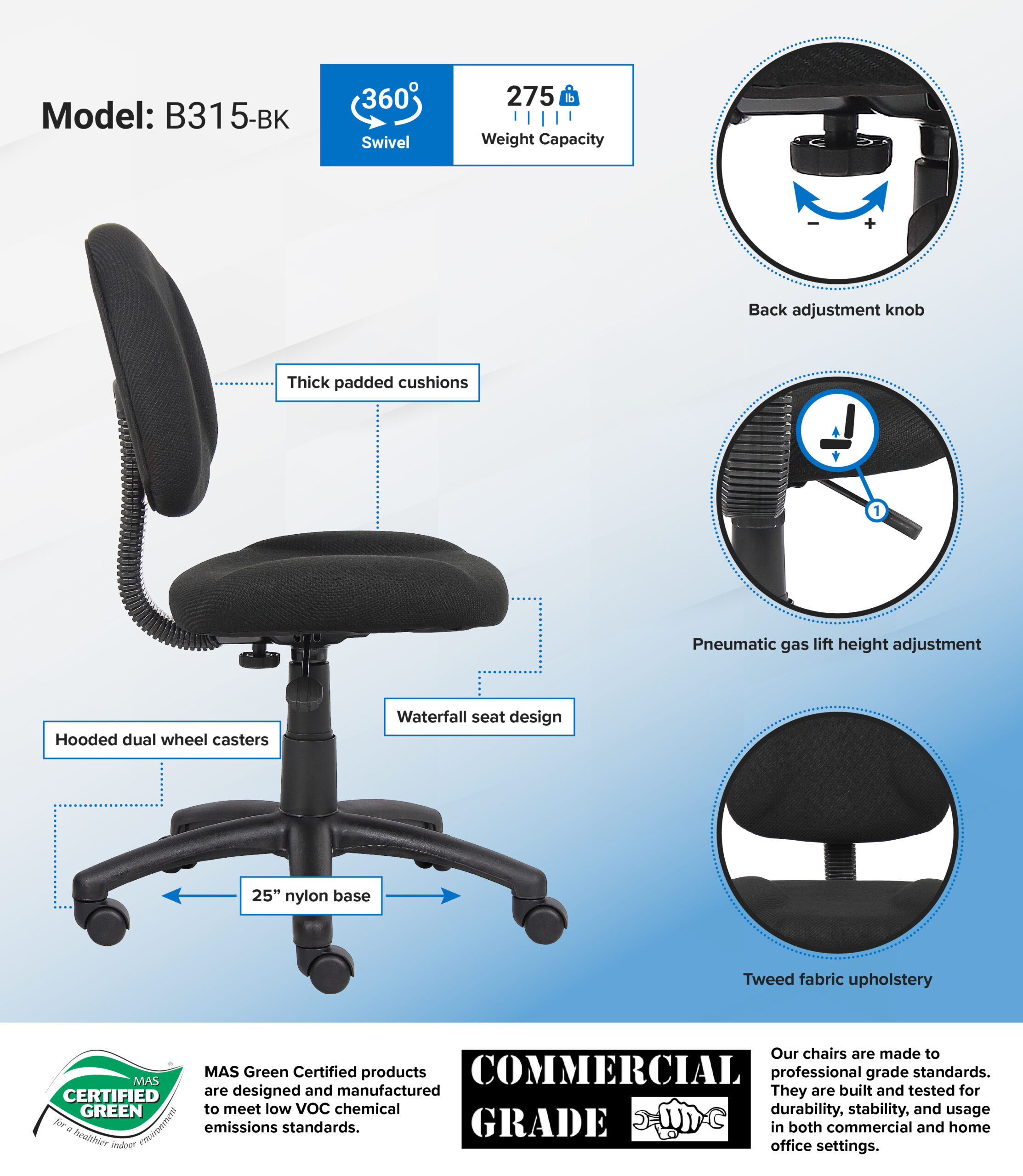 Boss Perfect Posture Deluxe Office Task Chair without Arms, Black - Image 3