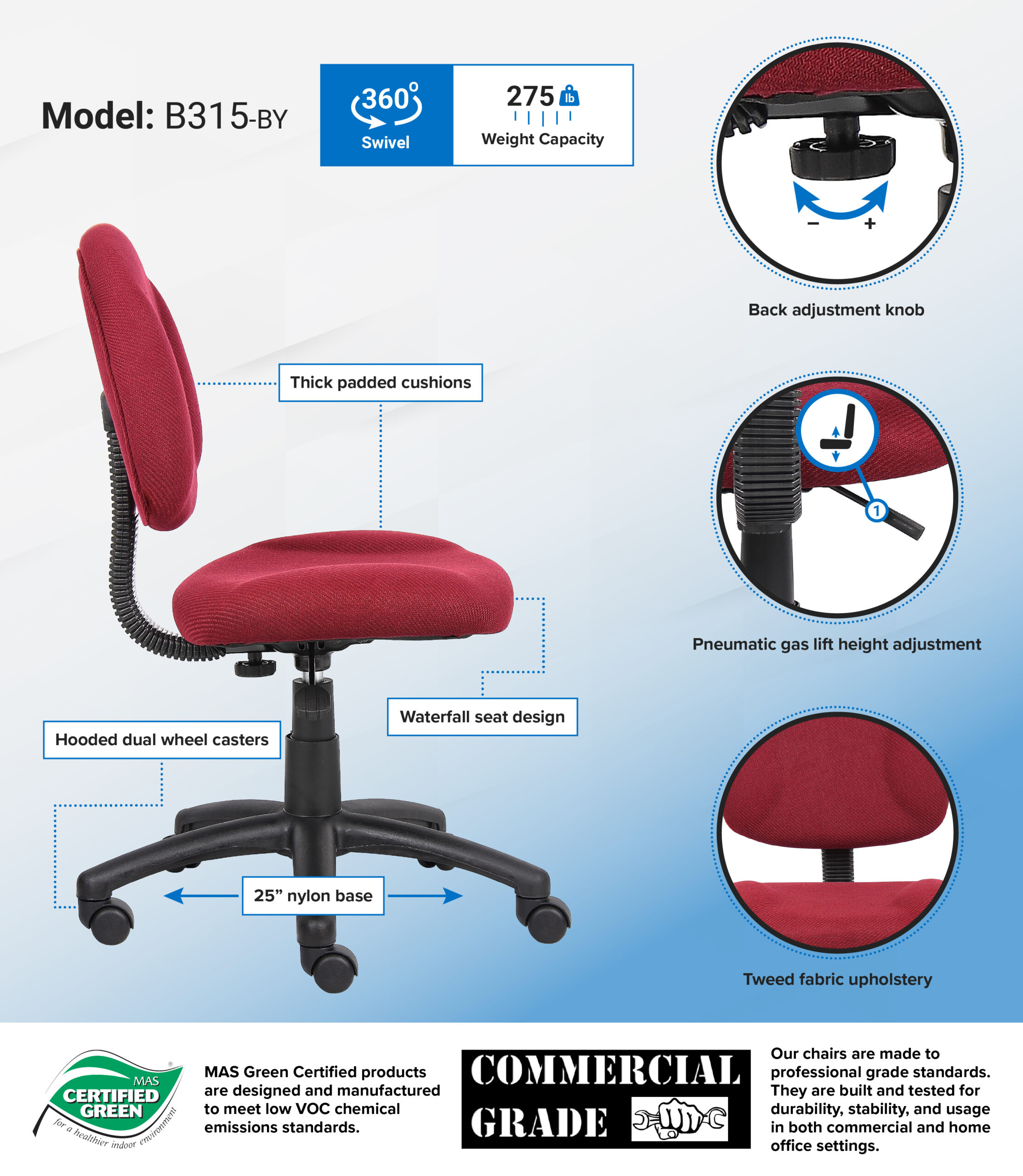 Boss Perfect Posture Deluxe Office Task Chair without Arms, Burgundy - Image 2