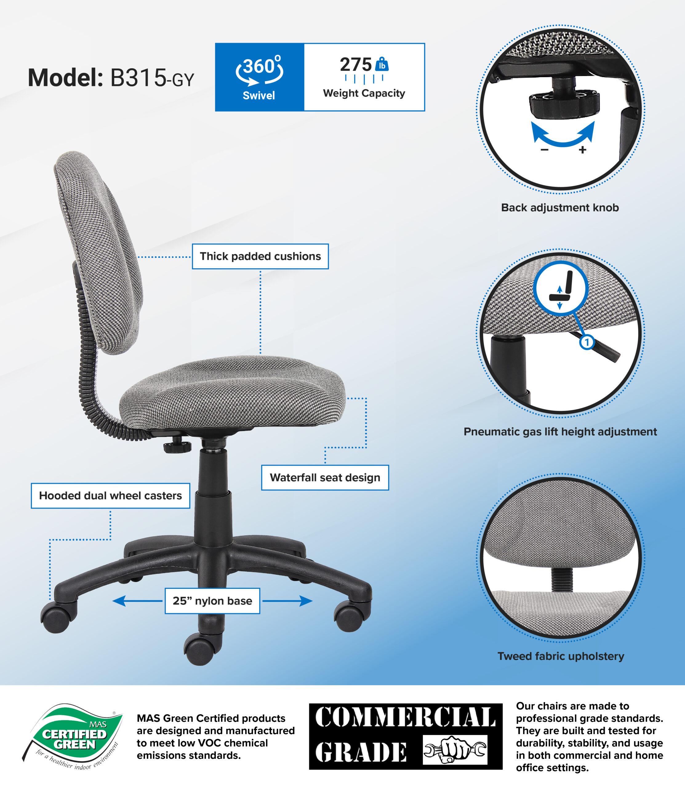 Boss Perfect Posture Deluxe Office Task Chair without Arms, Grey - Image 2