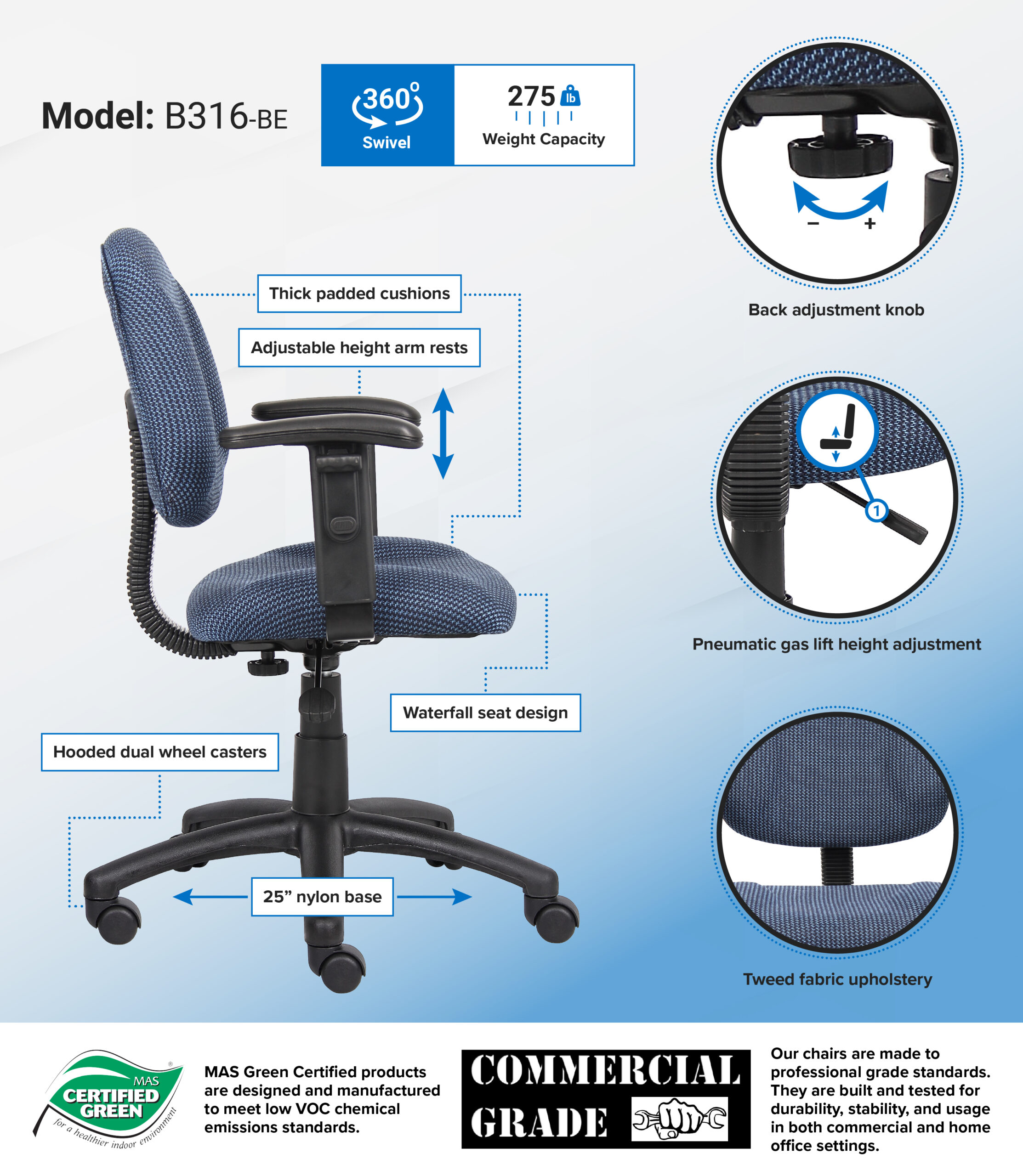 Boss Perfect Posture Deluxe Office Task Chair with Adjustable Arms, Blue - Image 2