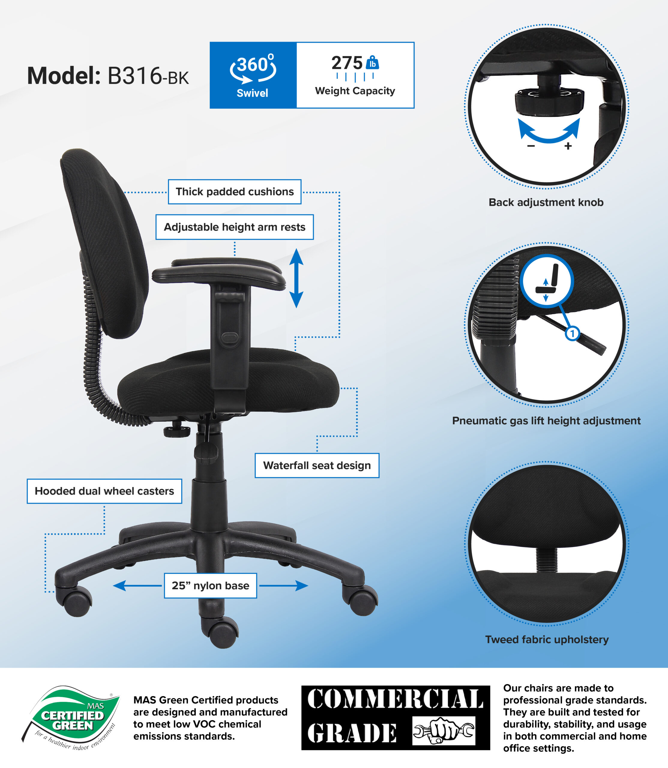 Boss Perfect Posture Deluxe Office Task Chair with Adjustable Arms, Black - Image 2