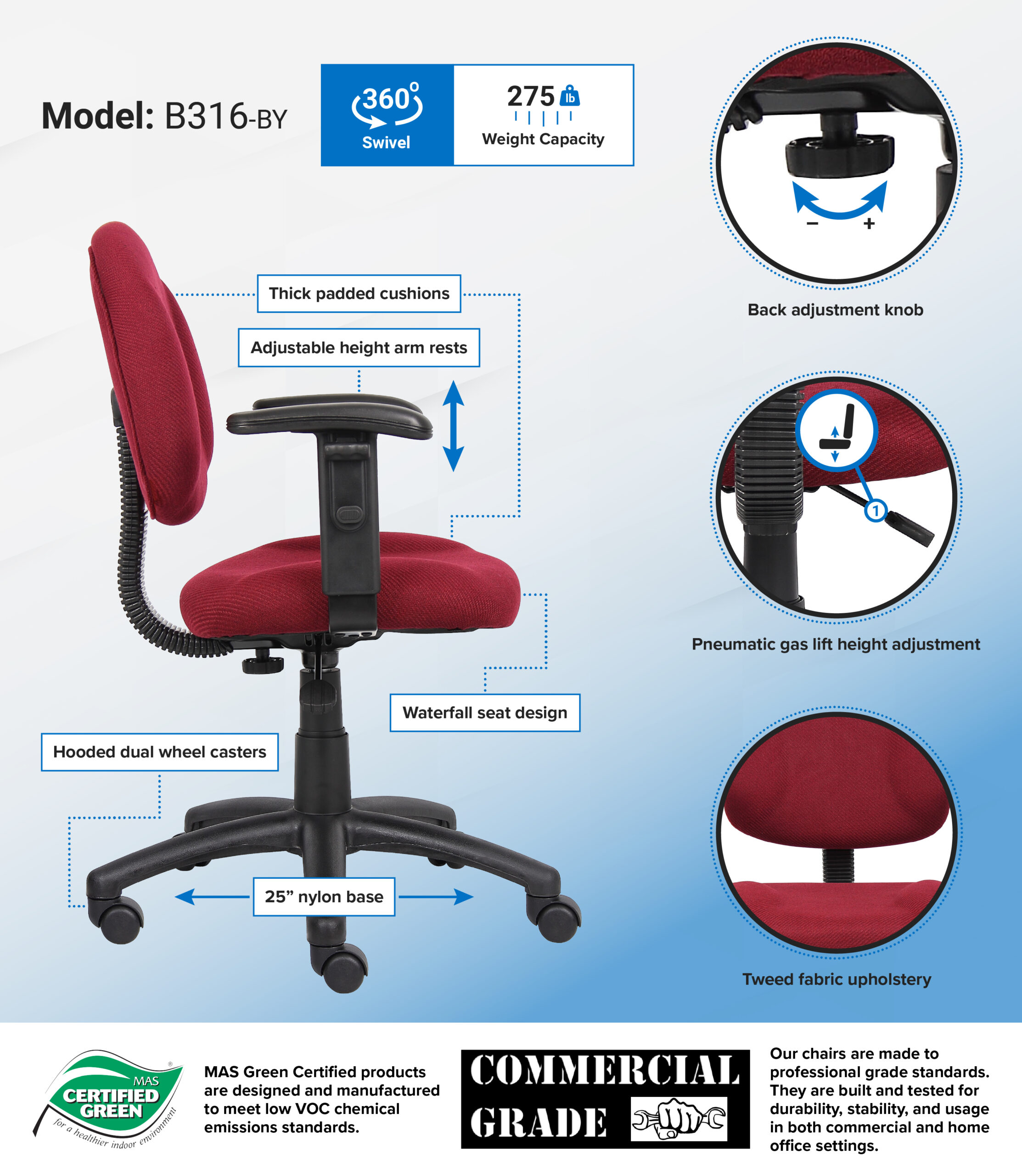 Boss Perfect Posture Deluxe Office Task Chair with Adjustable Arms, Burgundy - Image 2