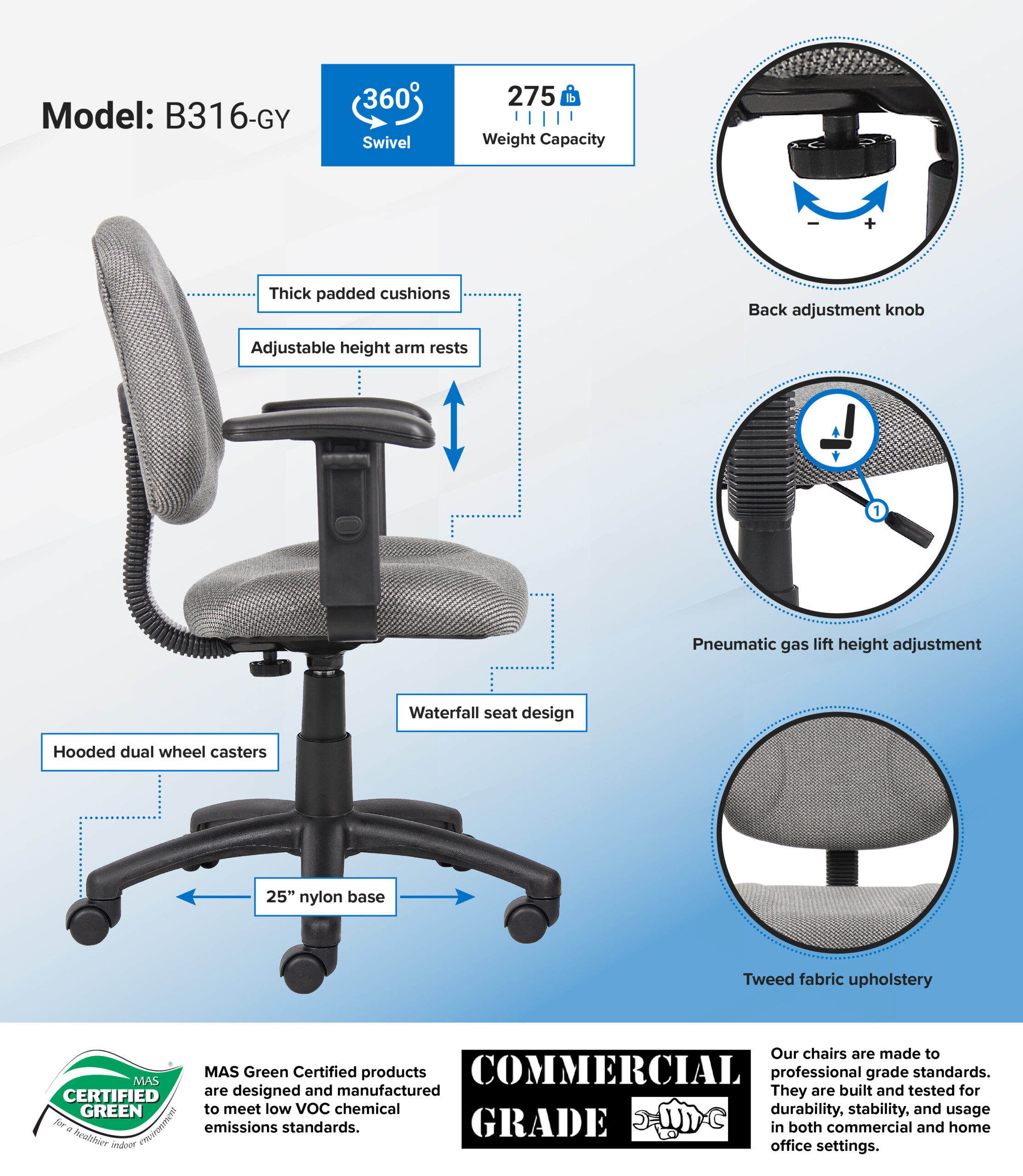 Boss Perfect Posture Deluxe Office Task Chair with Adjustable Arms, grey - Image 2