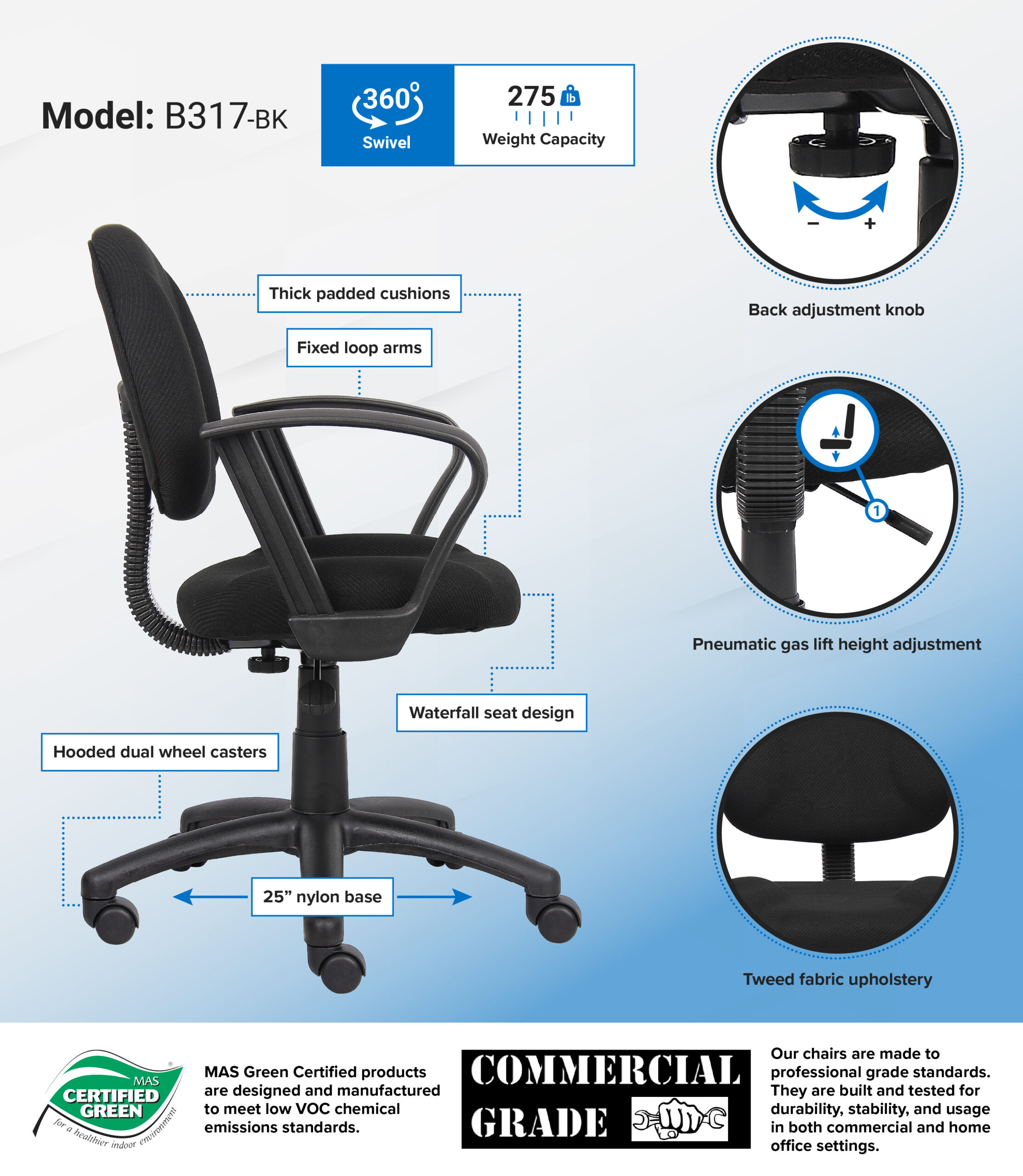 Boss Perfect Posture Deluxe Office Task Chair with Loop Arms, Black - Image 2
