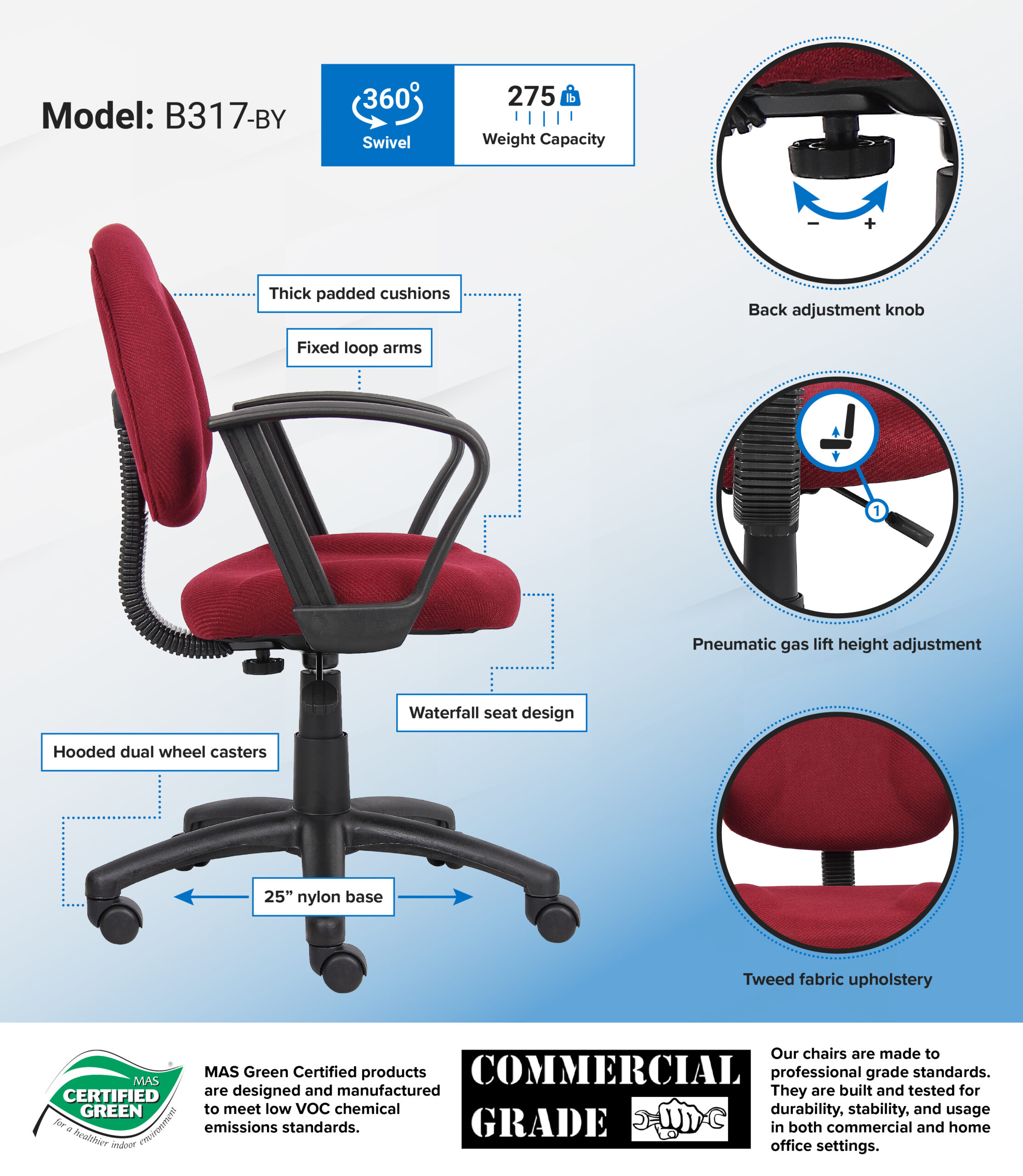 Boss Perfect Posture Deluxe  Office Task Chair with Loop Arms, Burgundy - Image 2