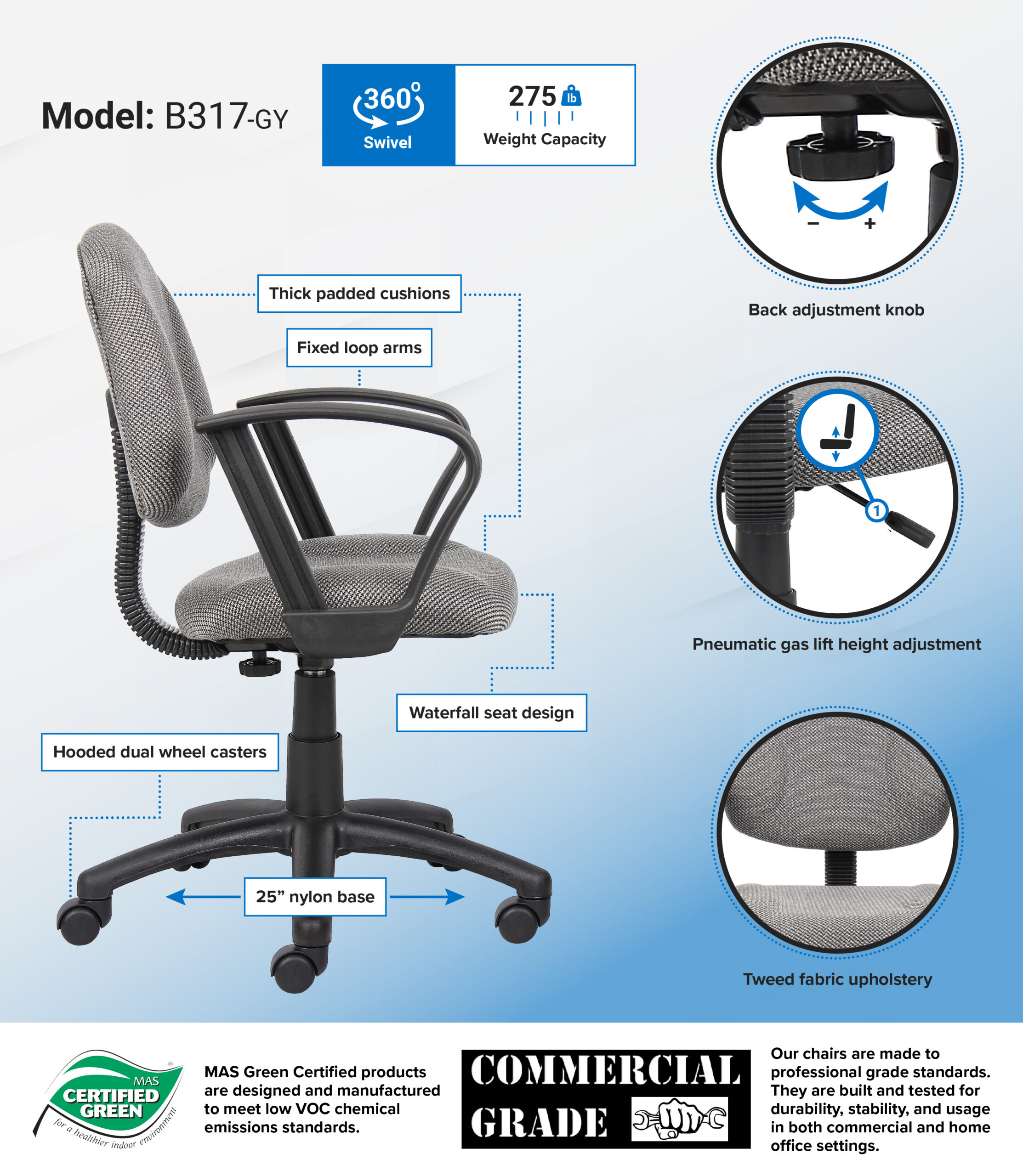 Boss Perfect Posture Deluxe  Office Task Chair with Loop Arms, grey - Image 2
