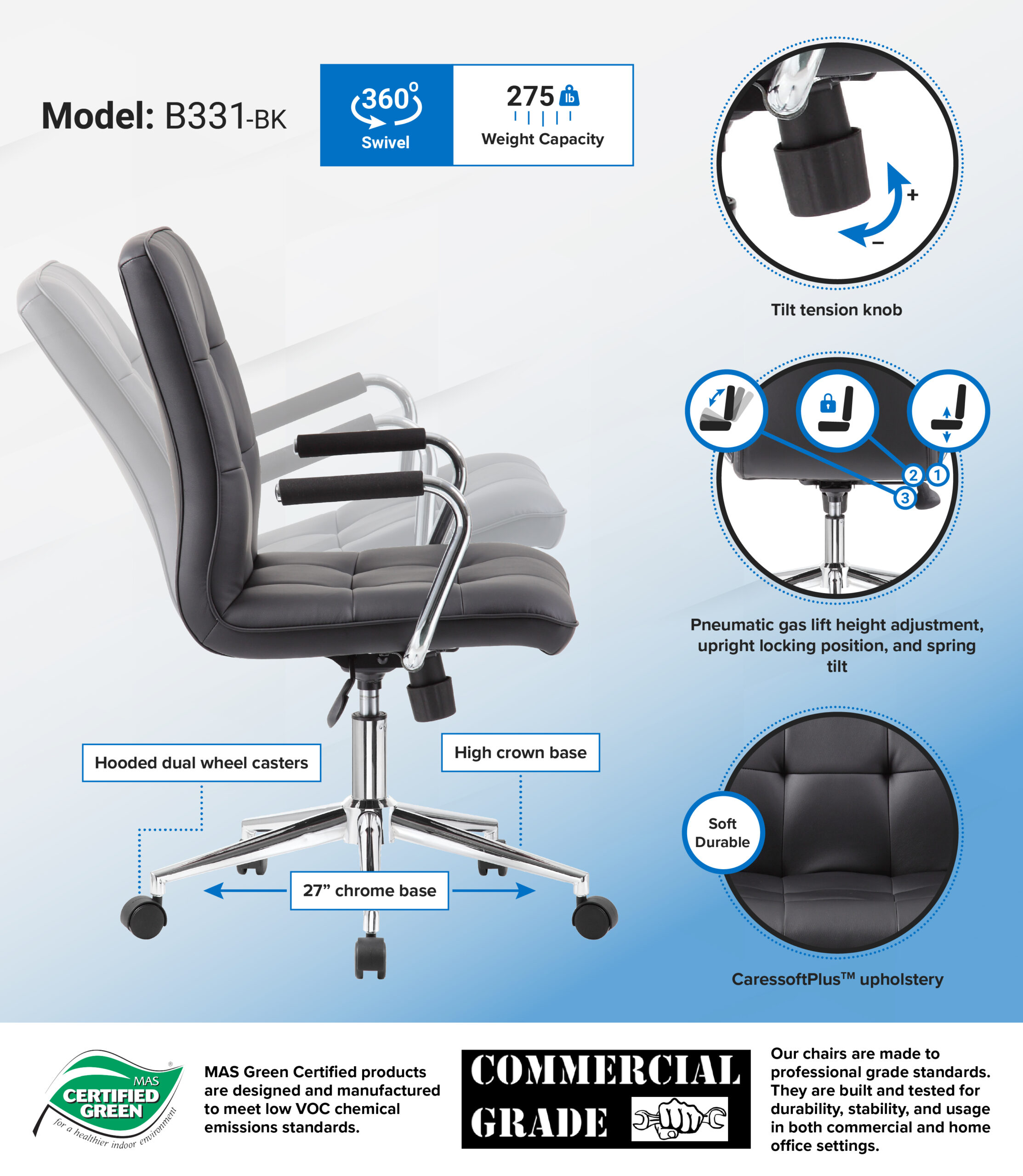 Modern Office Chair w/Chrome Arms-Black - Image 2