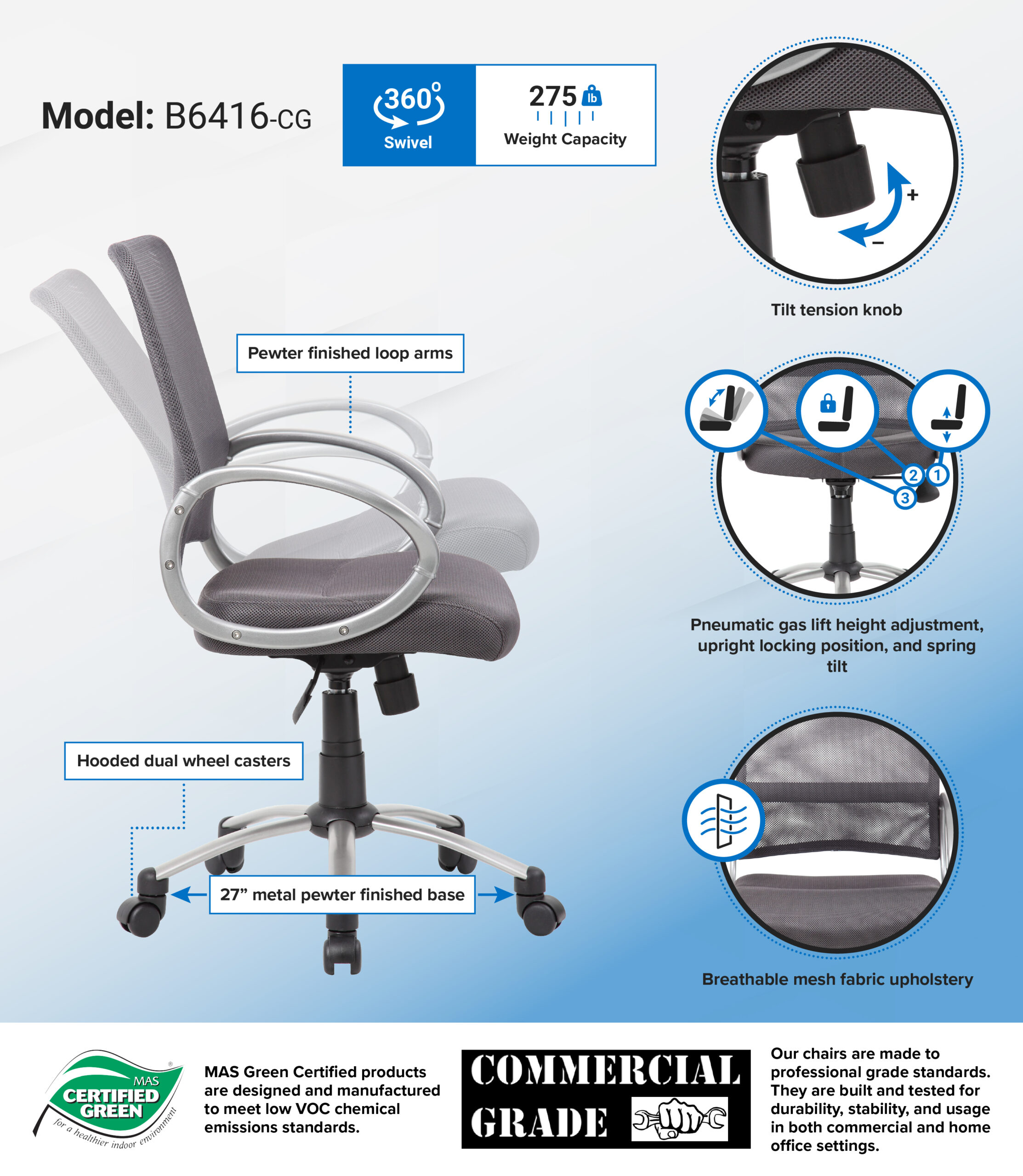 Boss Mesh Back W/ Pewter Finish Task Chair - Image 2