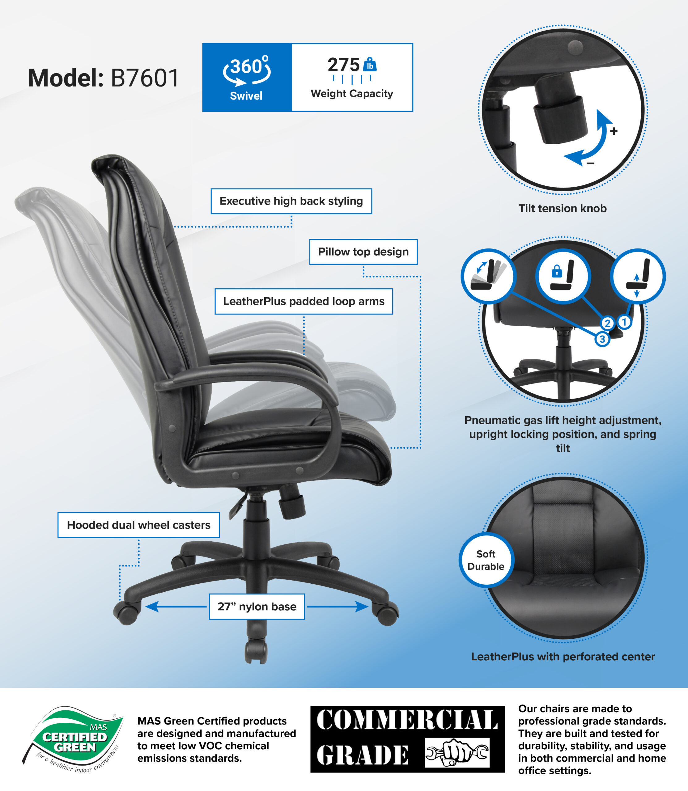 Boss Executive Leather Plus Chair W/Padded Arm - Image 2