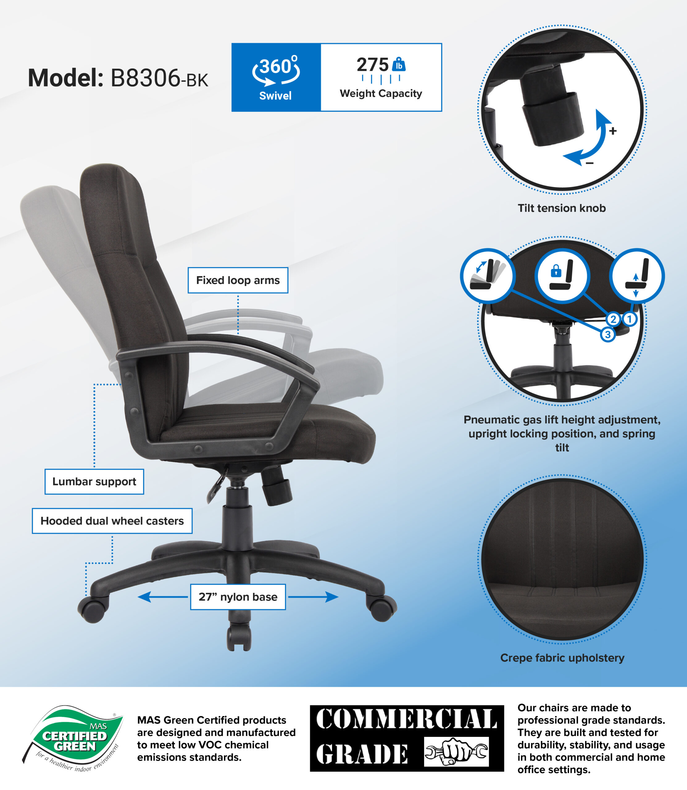 Boss Mid Back Fabric Managers Chair In Black - Image 2