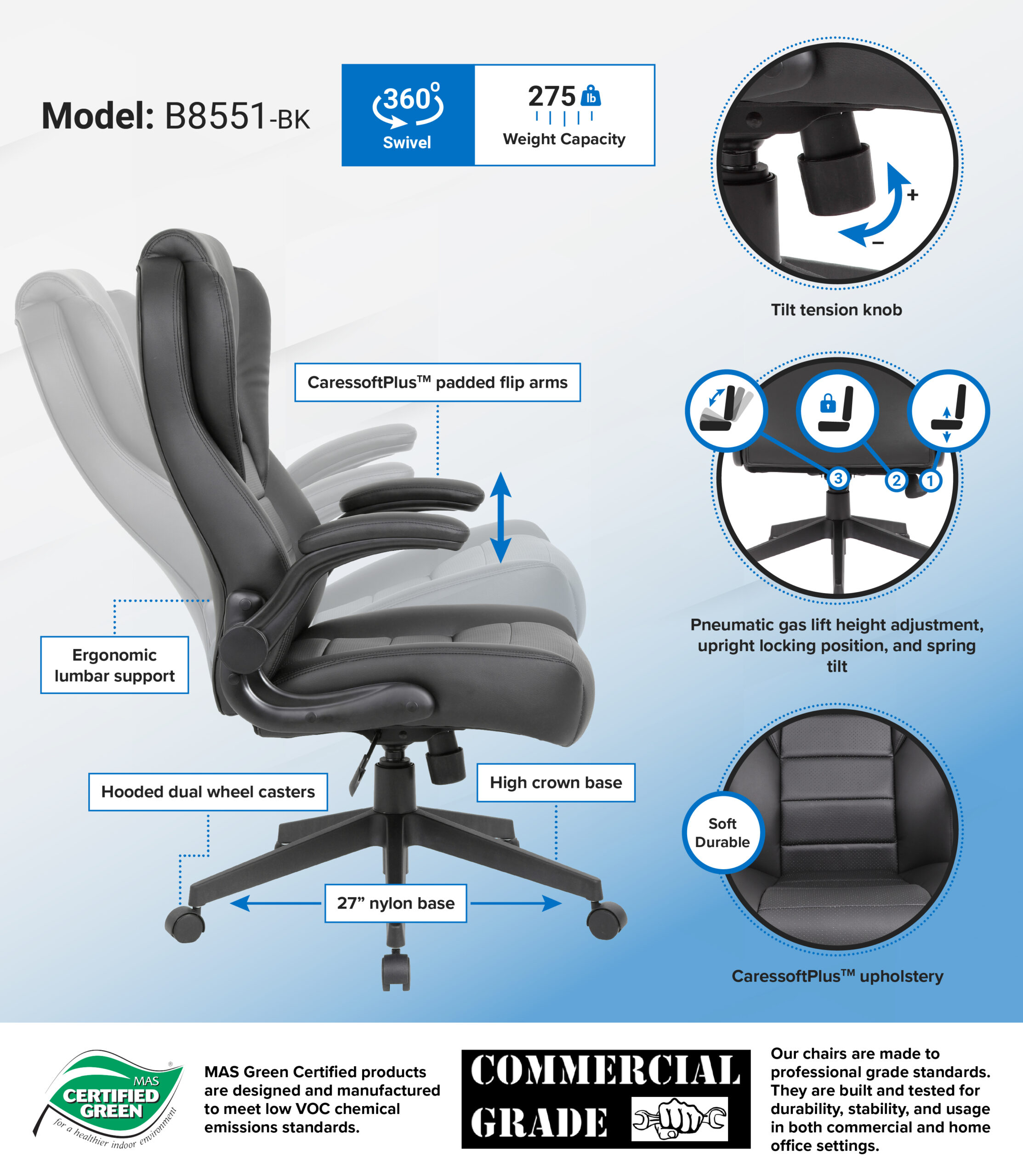 Boss Executive High Back Caressoftplus Vinyl Flip Arm Chair - Image 2