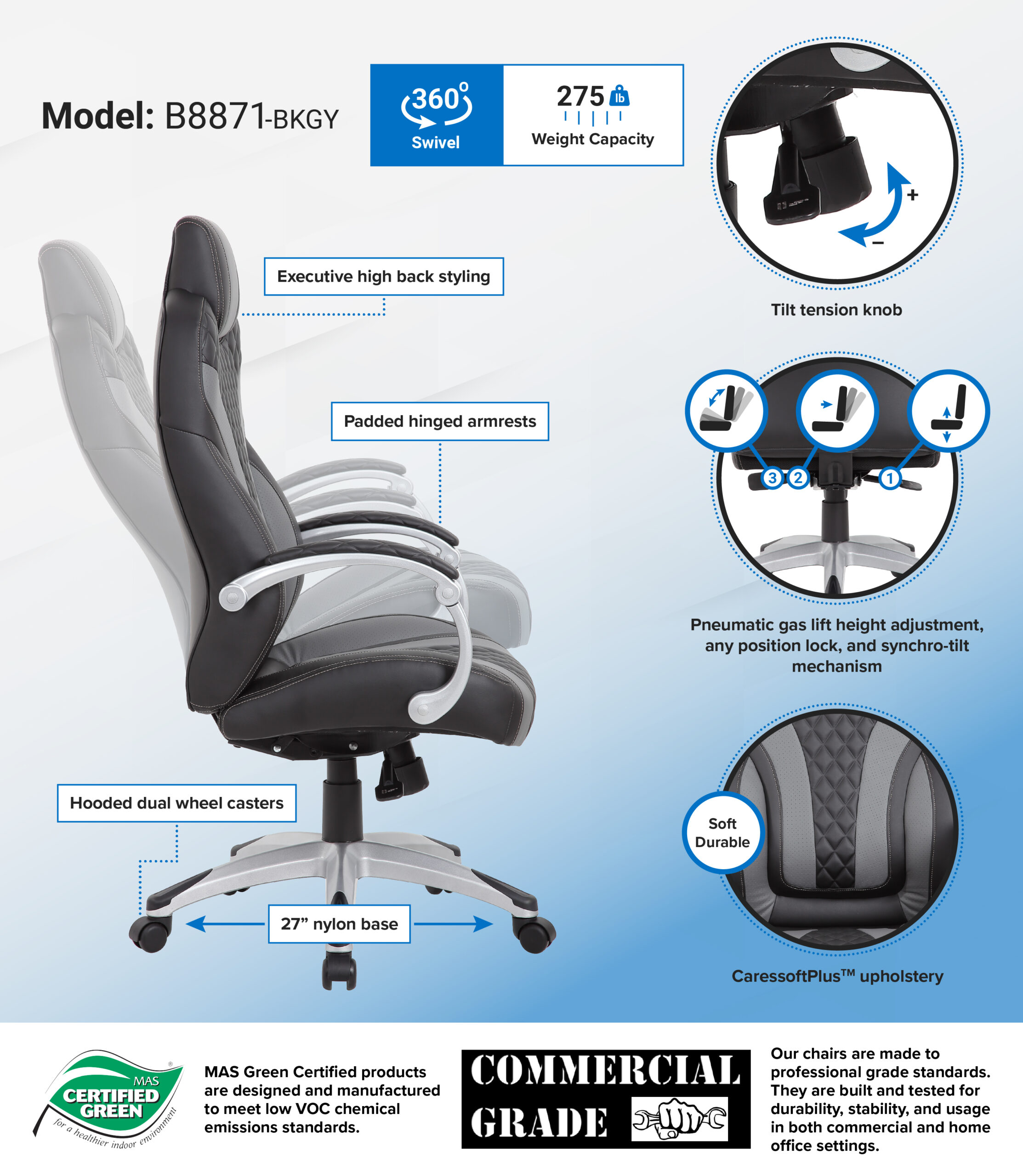Boss Bentley Hinged Arm Executive Chair With Synchro-Tilt, Black/Grey - Image 2