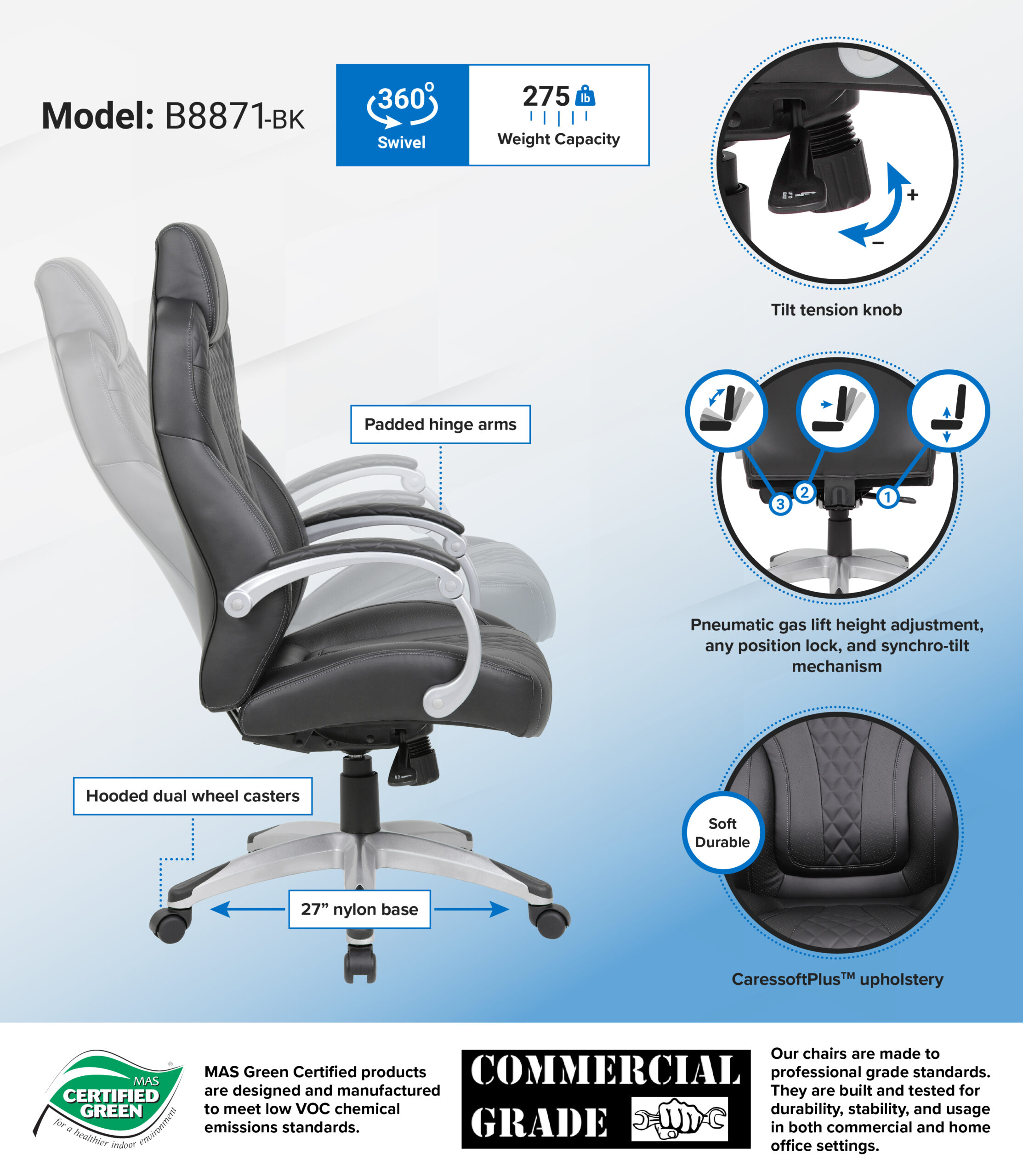 Boss Bentley Hinged Arm Executive Chair With Synchro-Tilt, Black - Image 2