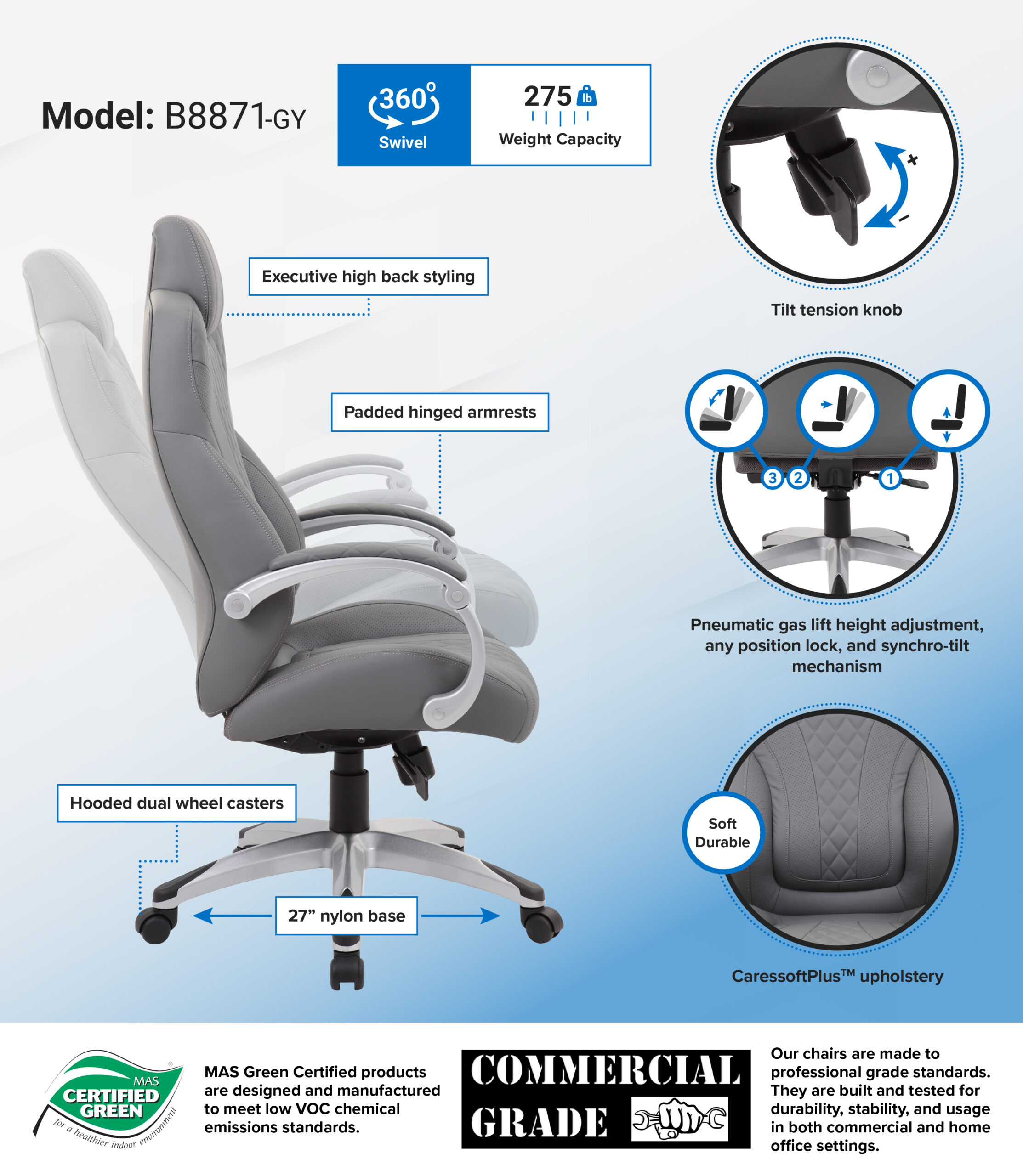 Boss Bentley Hinged Arm Executive Chair With Synchro-Tilt, Grey - Image 2