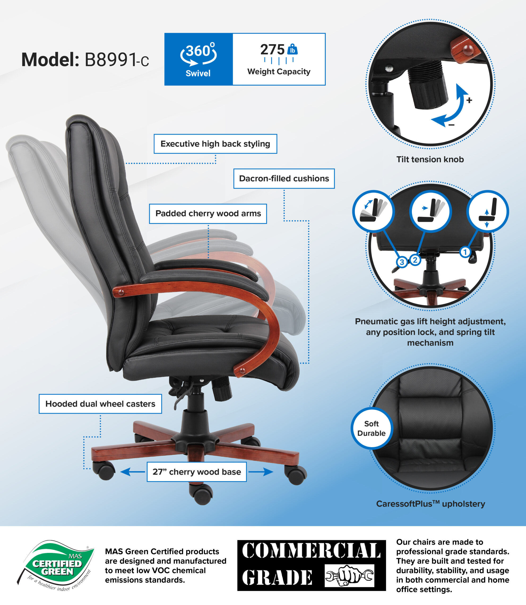 Boss High Back Executive Wood Finished Chairs, Cherry - Image 2