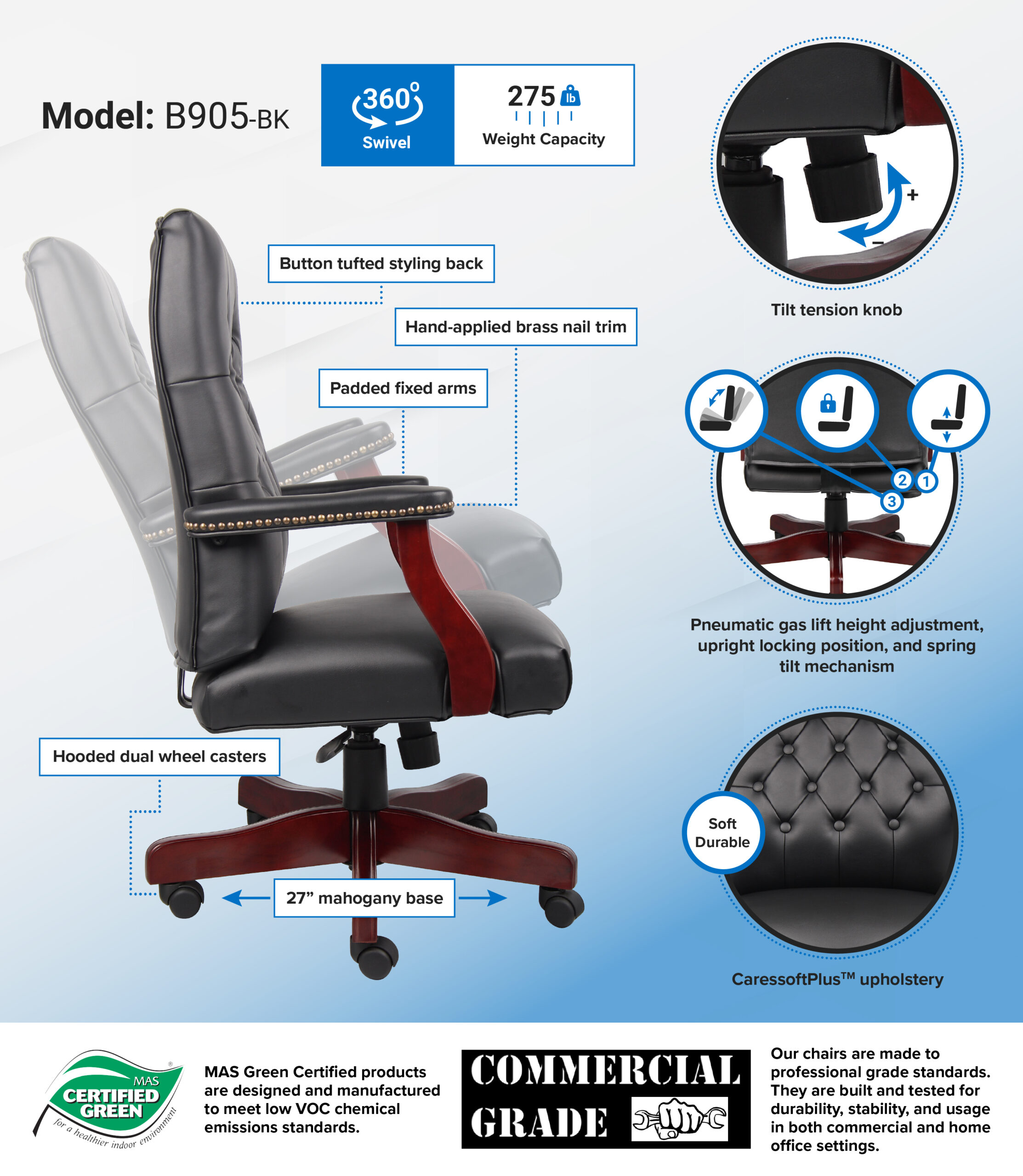 Boss Classic Black Caressoft Vinyl Chair With Mahogany Finish - Image 2