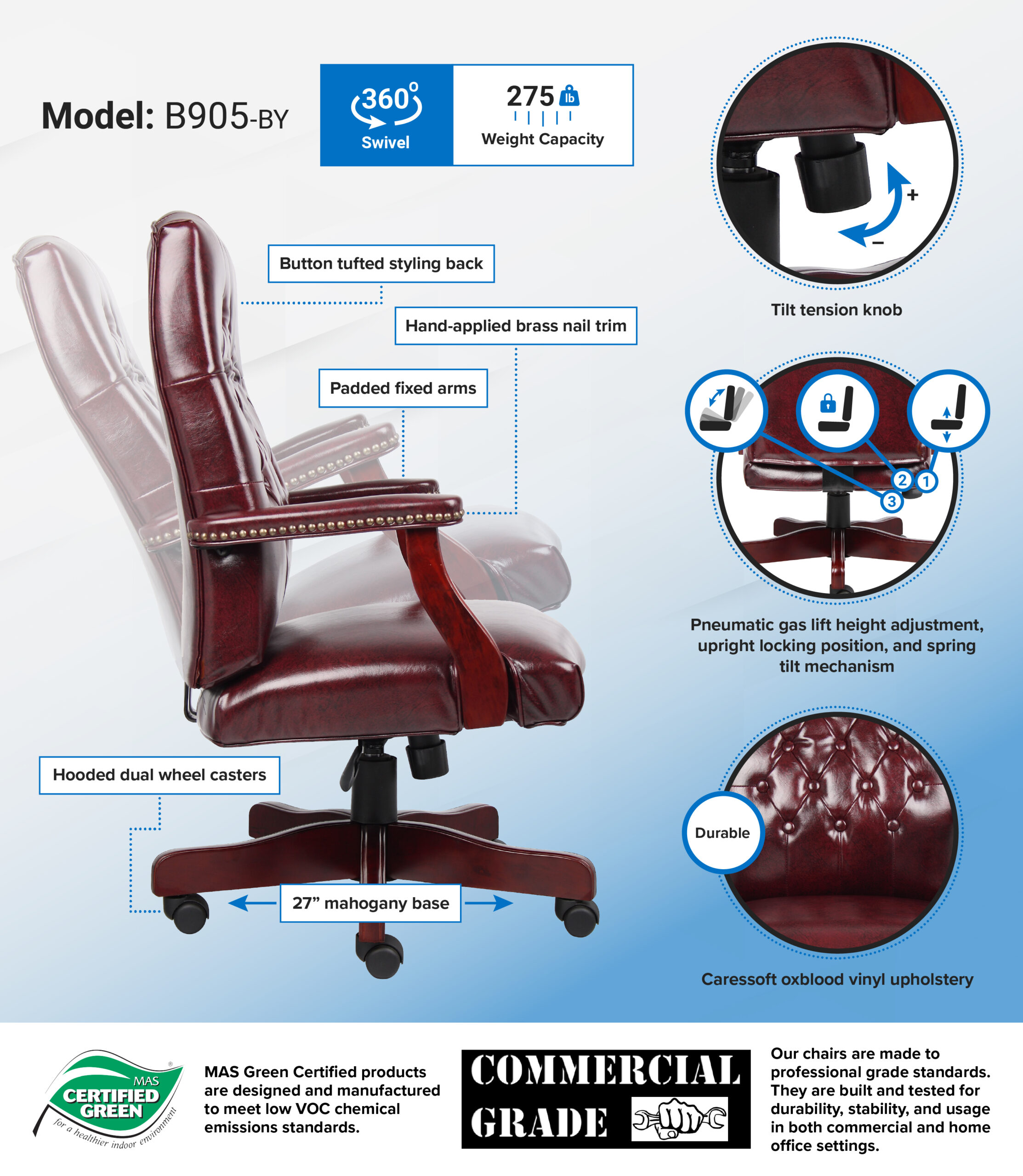 Boss Classic Oxblood Caressoft Vinyl Chair With Mahogany Finish - Image 2