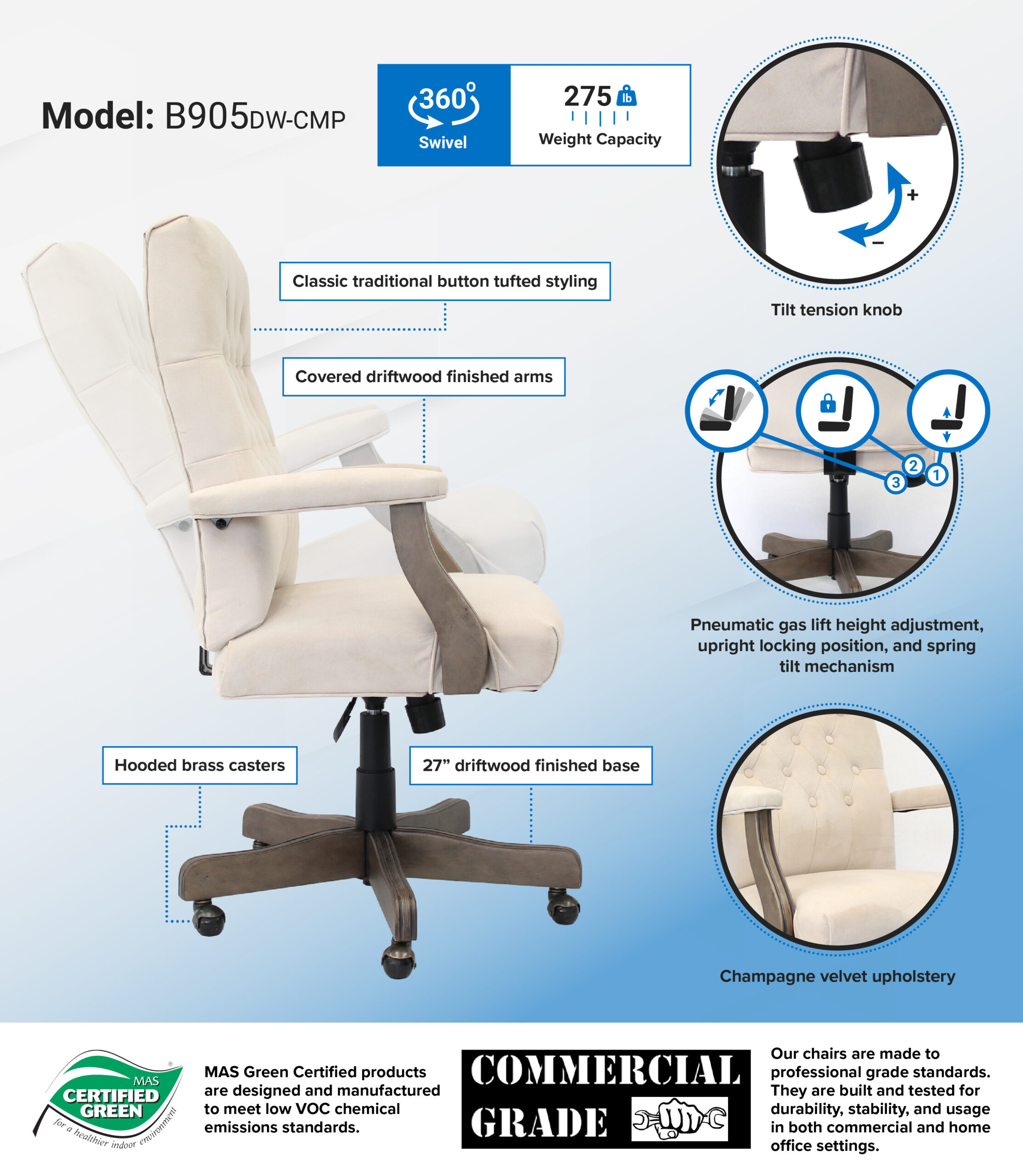 BOSS Executive Champagne Velvet Chair With Driftwood Finish Frame - Image 2