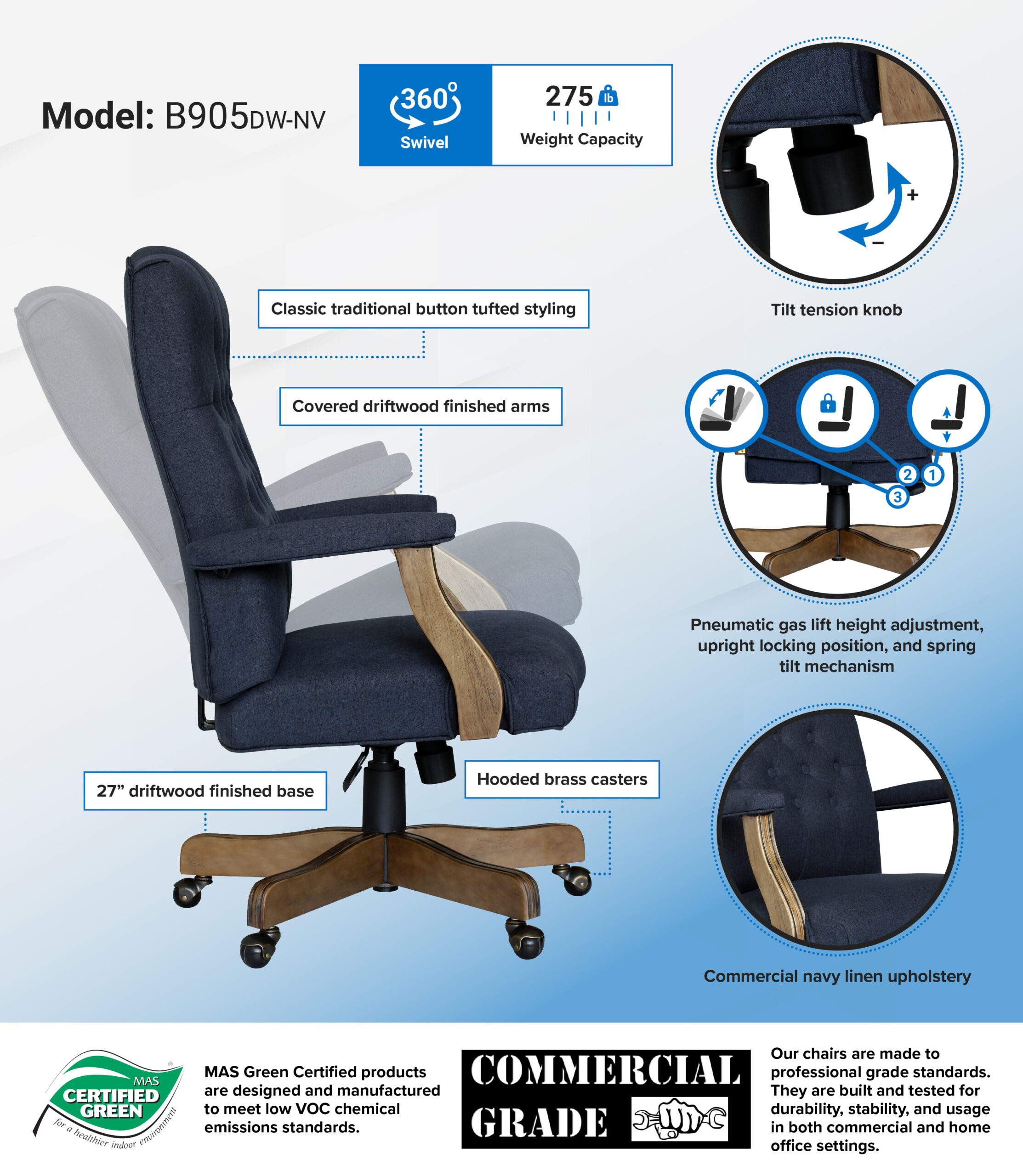 BOSS Executive Denim Blue Commercial Grade Linen Chair With Driftwood Finish Frame - Image 2