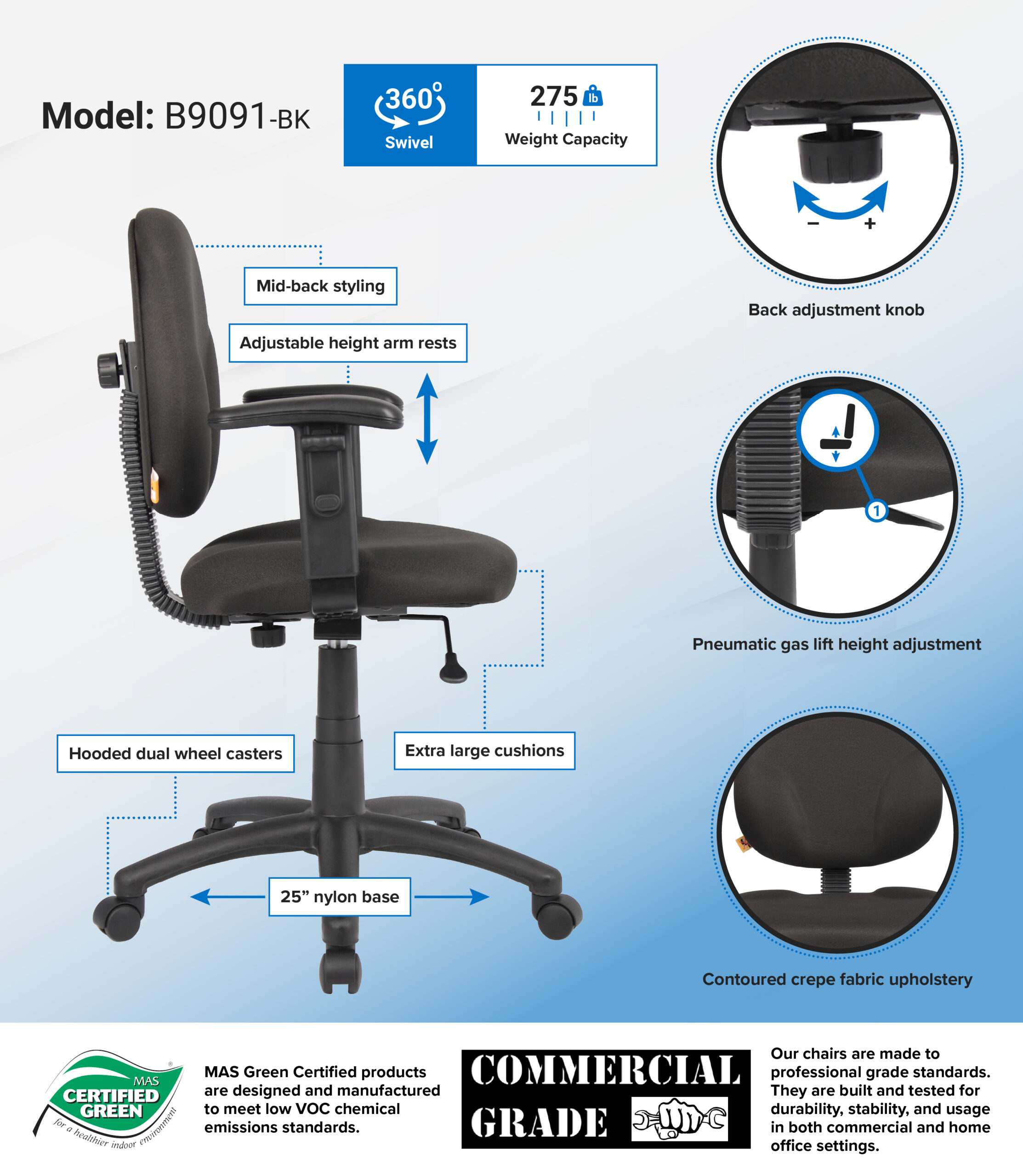 Boss Diamond Task Chair In Black W/ Adjustable Arms - Image 2