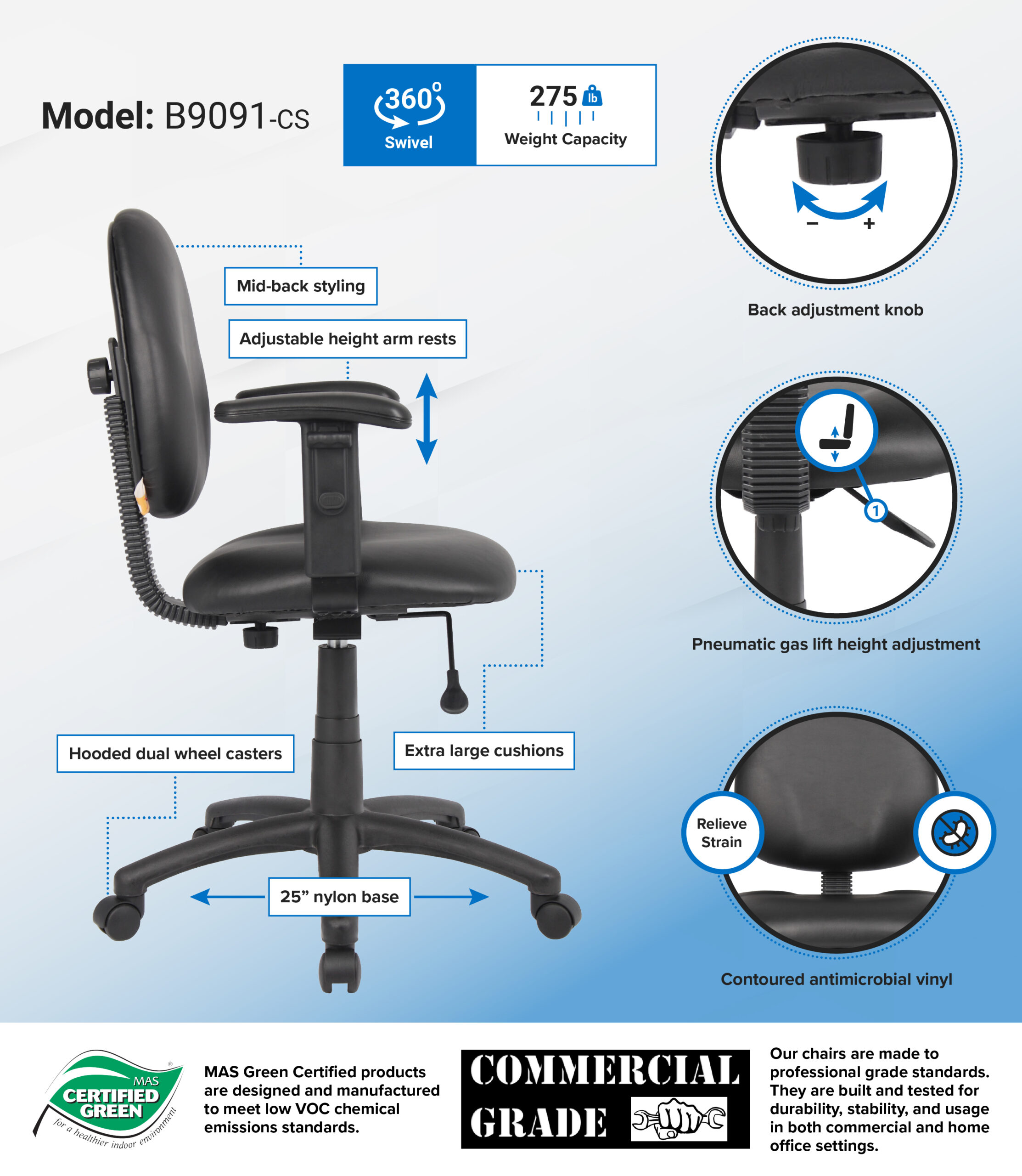 Boss Diamond Task Chair In Black Antimicrobial Vinyl W/ Adjustable Arms - Image 2