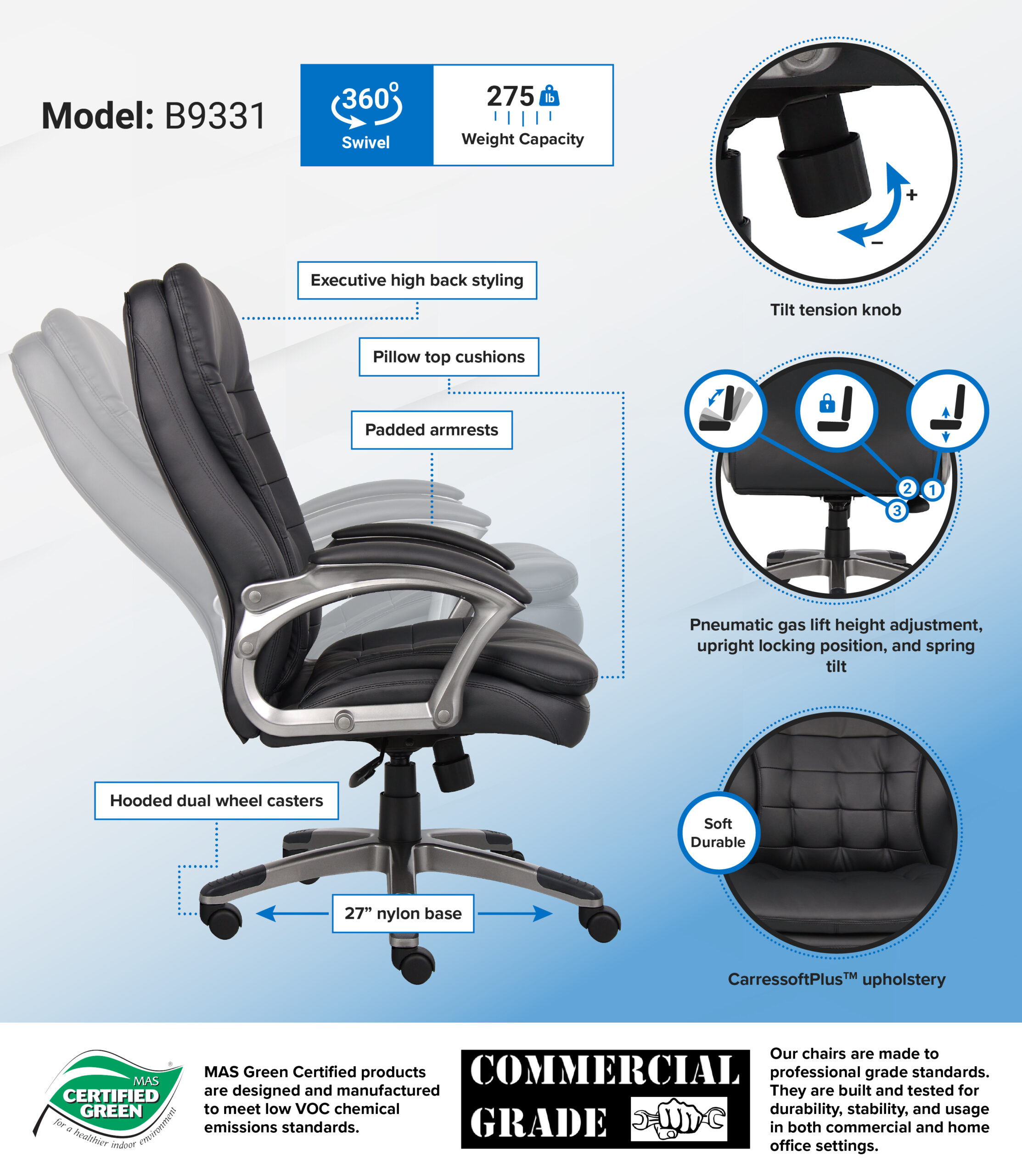 Boss High Back Executive Chair With Pewter Finished Base/Arms - Image 2