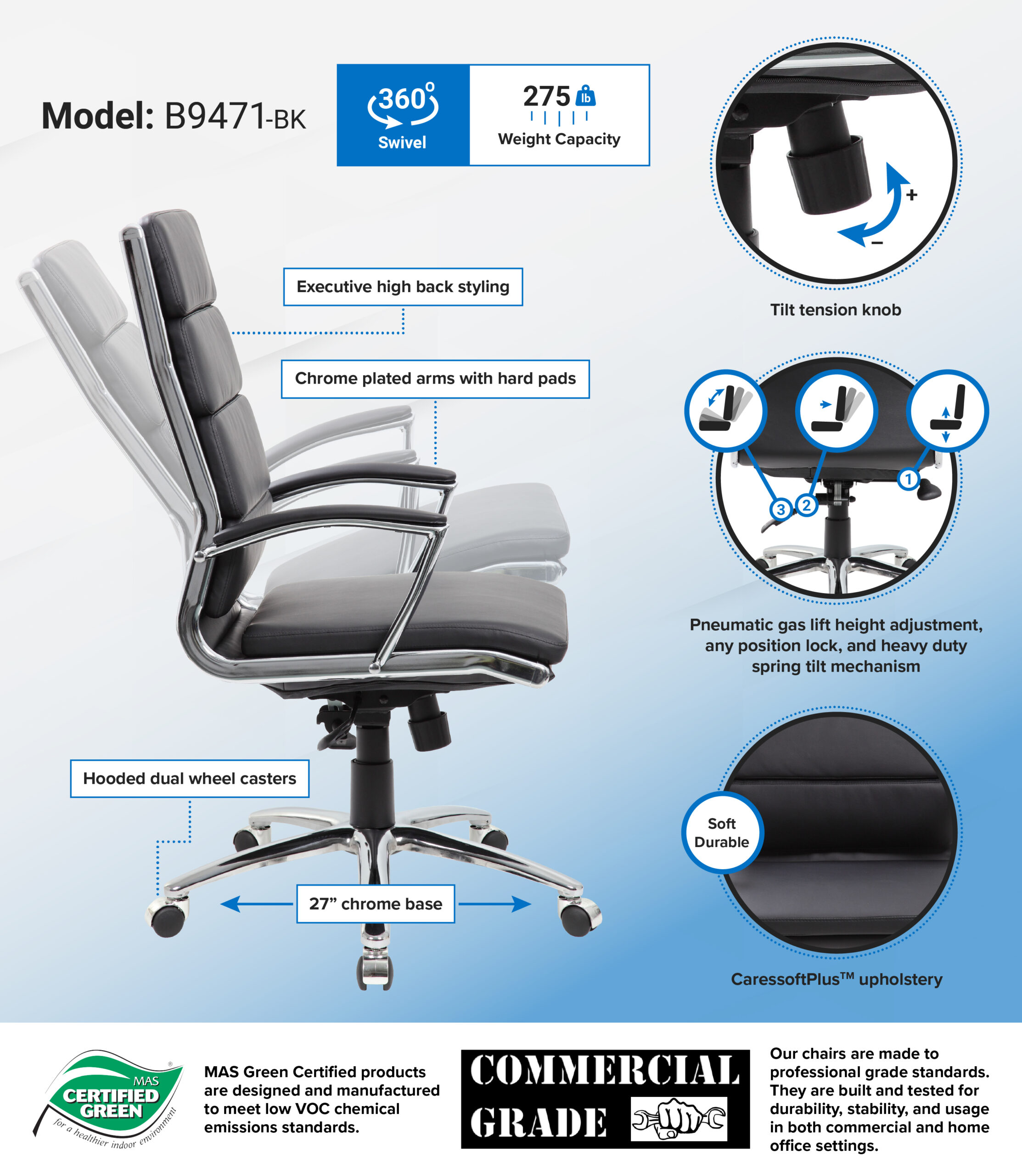 Boss Executive Caressoftplus Vinyl Chair with Metal Chrome Finish - Image 2