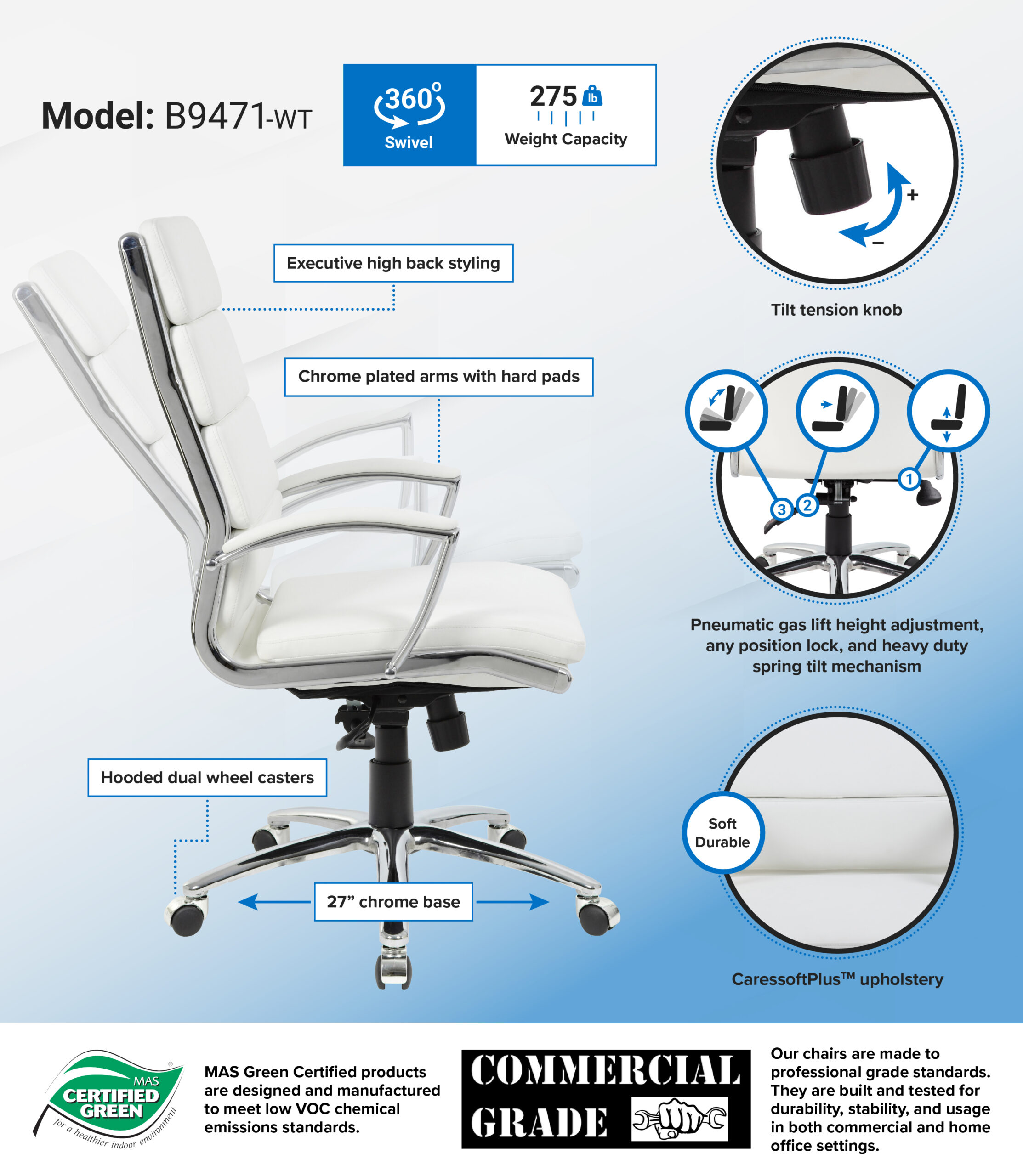 Boss Executive Caressoftplus Vinyl Chair with Metal Chrome Finish - Image 2