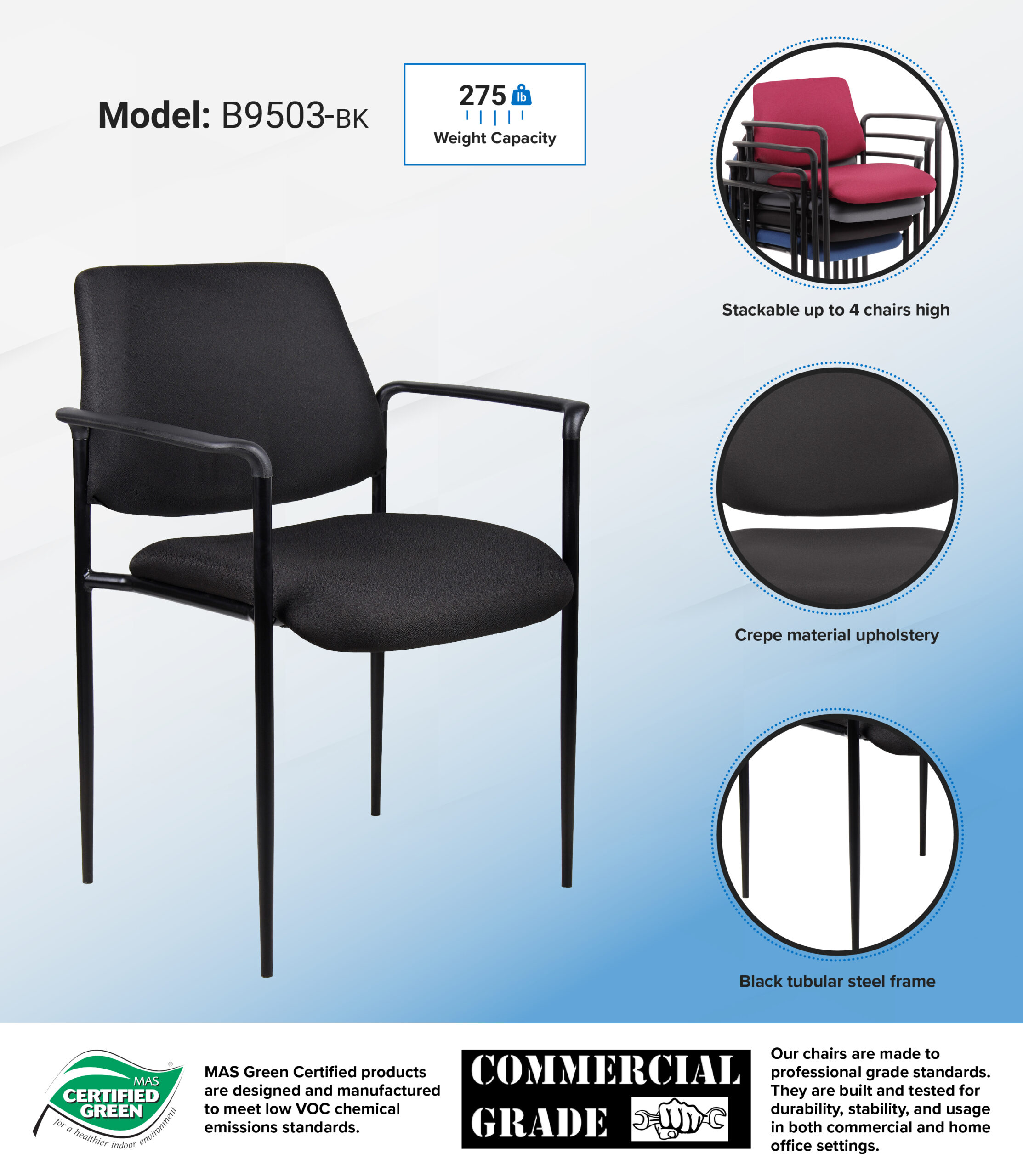 Boss Square Back Diamond Stacking Chair W/Arm In Black - Image 3