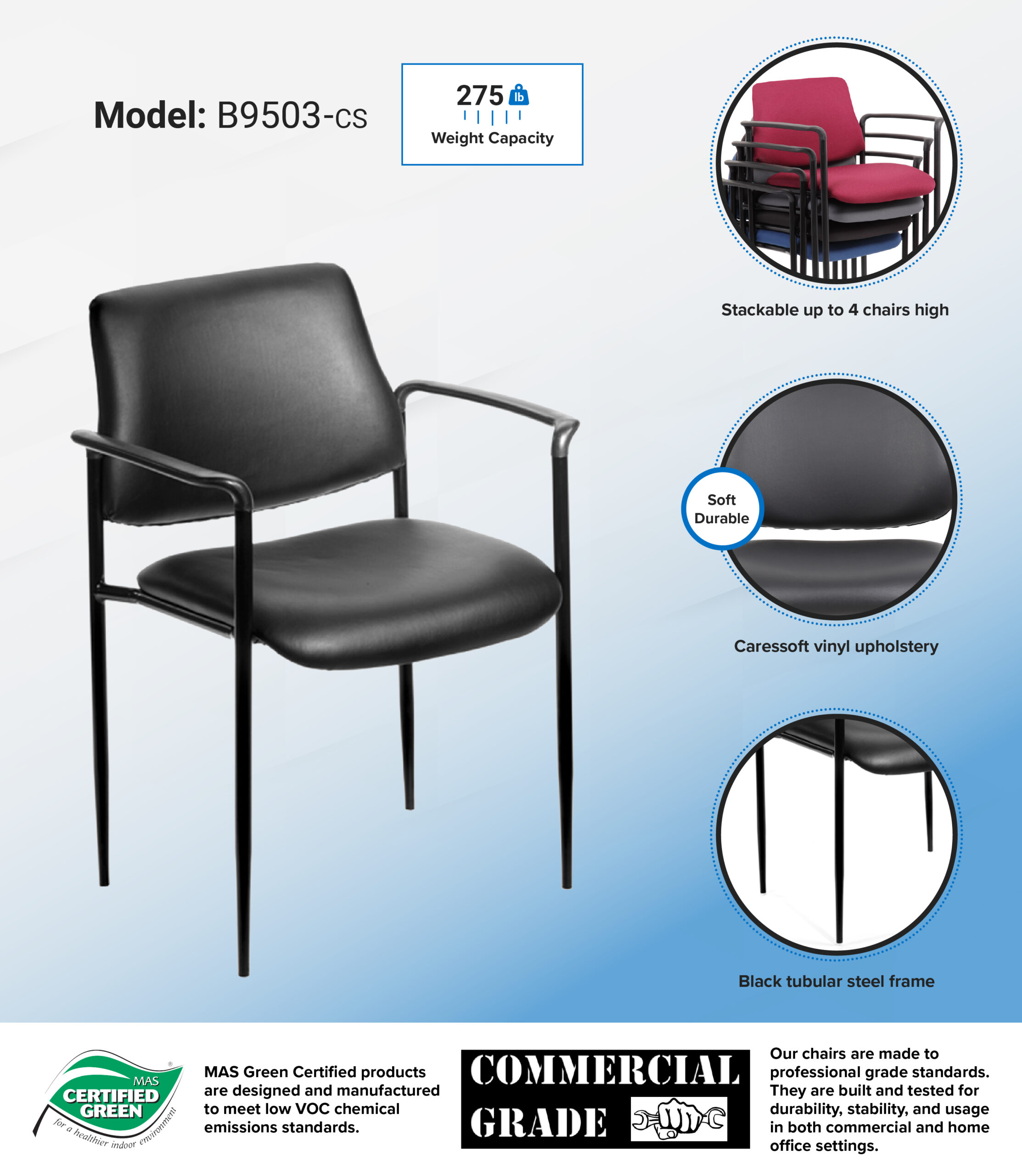 Boss Square Back  Diamond Stacking Chair W/Arm In Black Caressoft Vinyl - Image 7