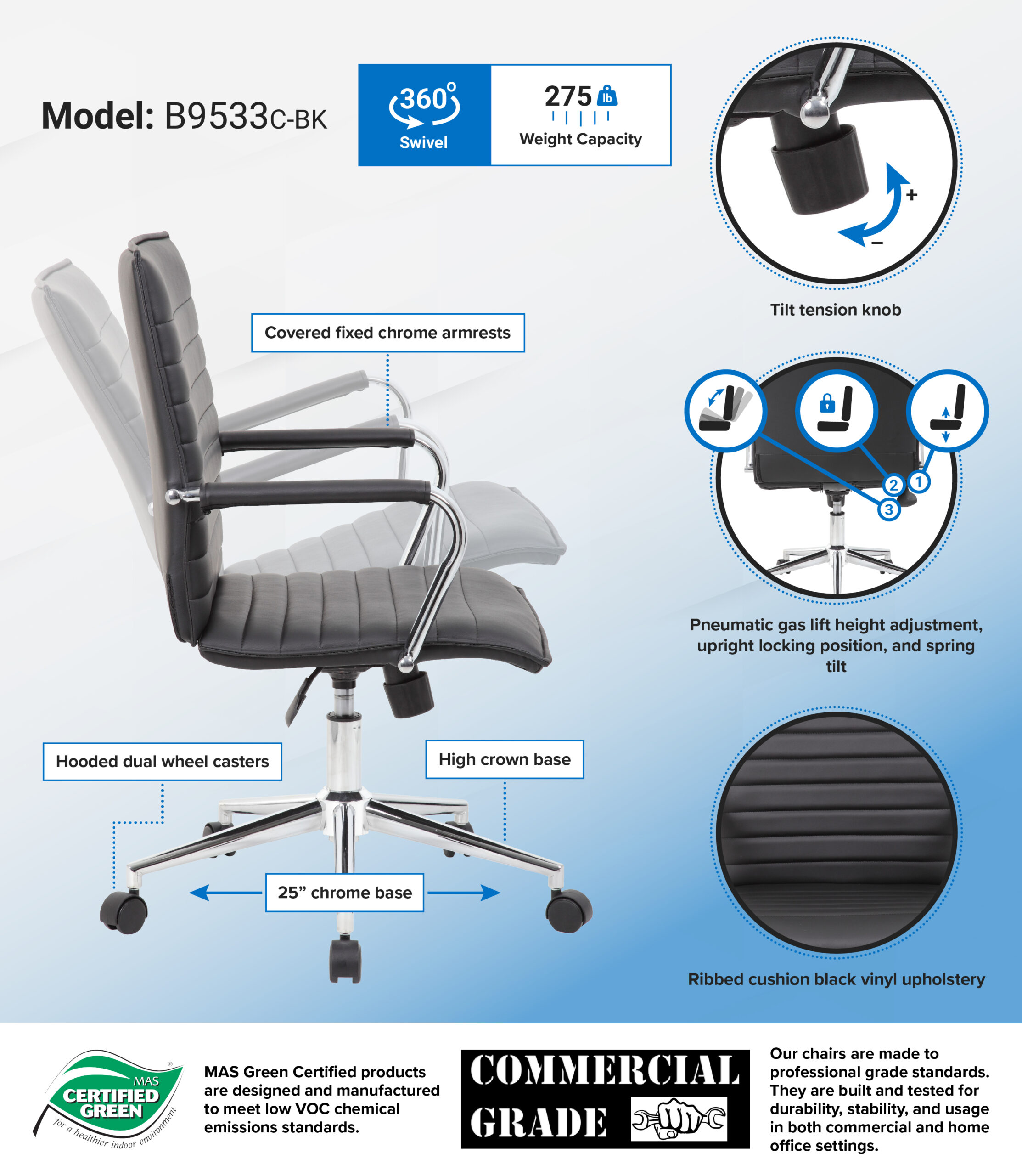 Boss Hospitality Task Chair with Fixed Chrome Arms - Image 2