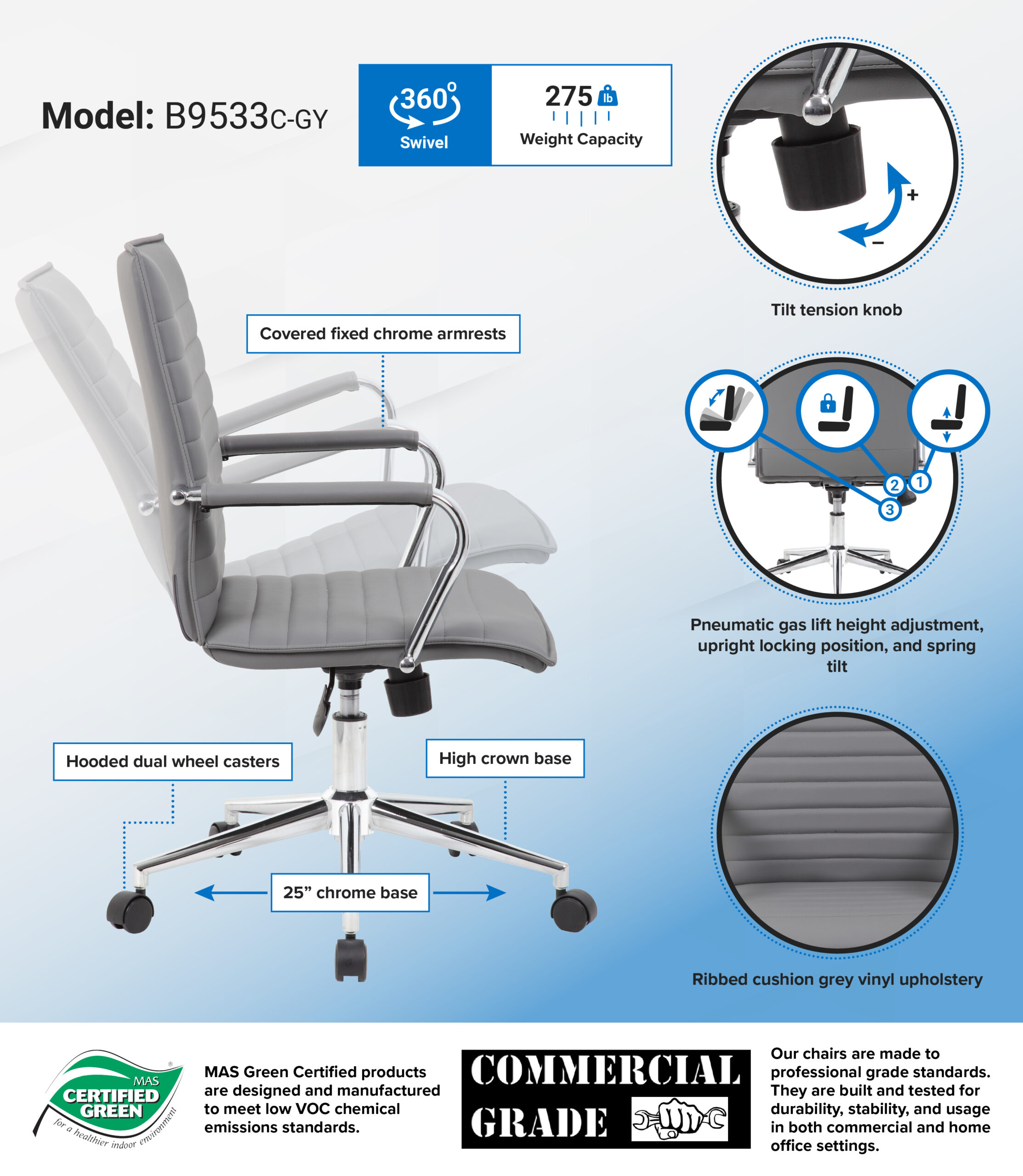 Boss Hospitality Task Chair with Fixed Chrome Arms - Image 2