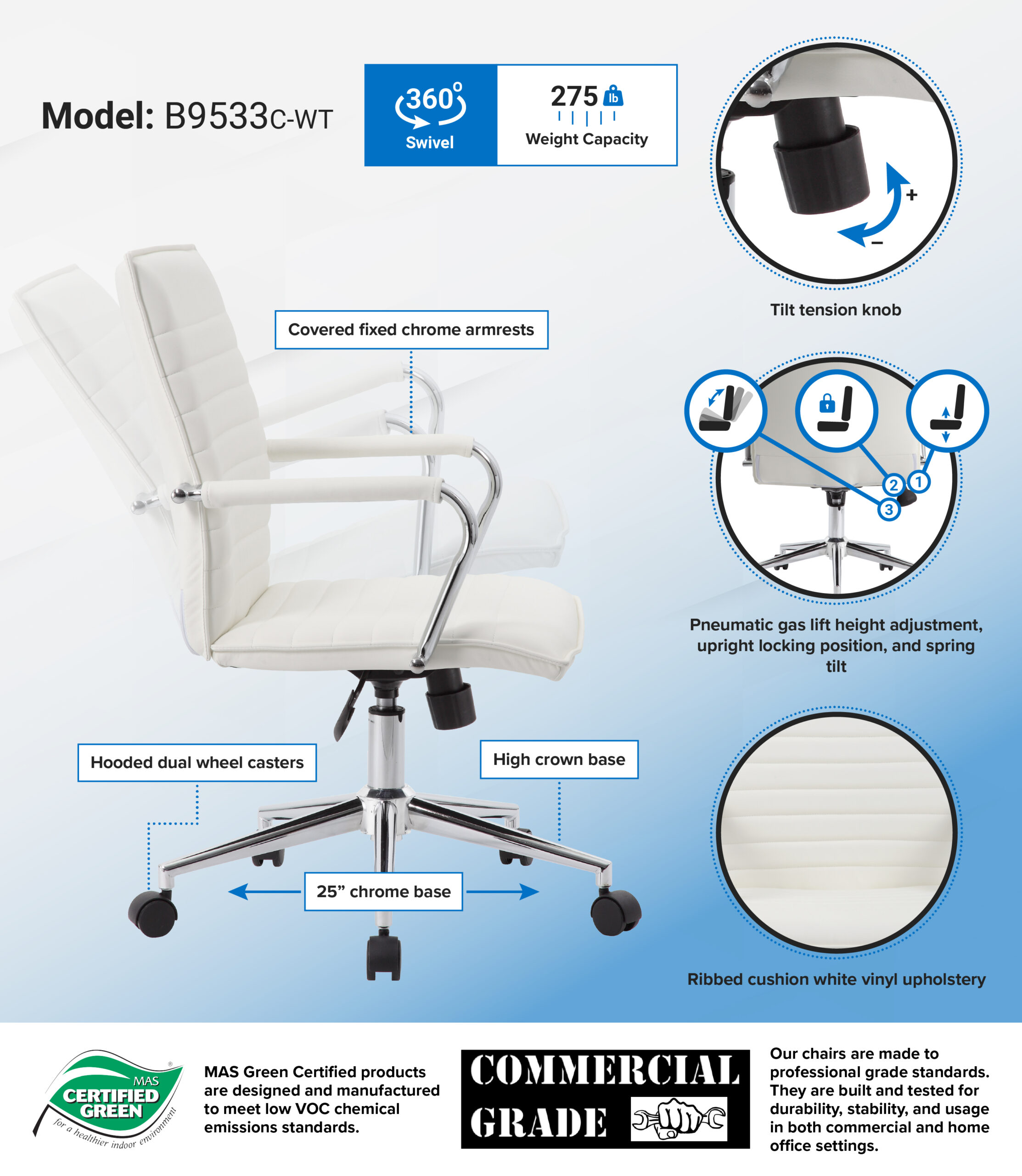 Boss Hospitality Task Chair with Fixed Chrome Arms - Image 2