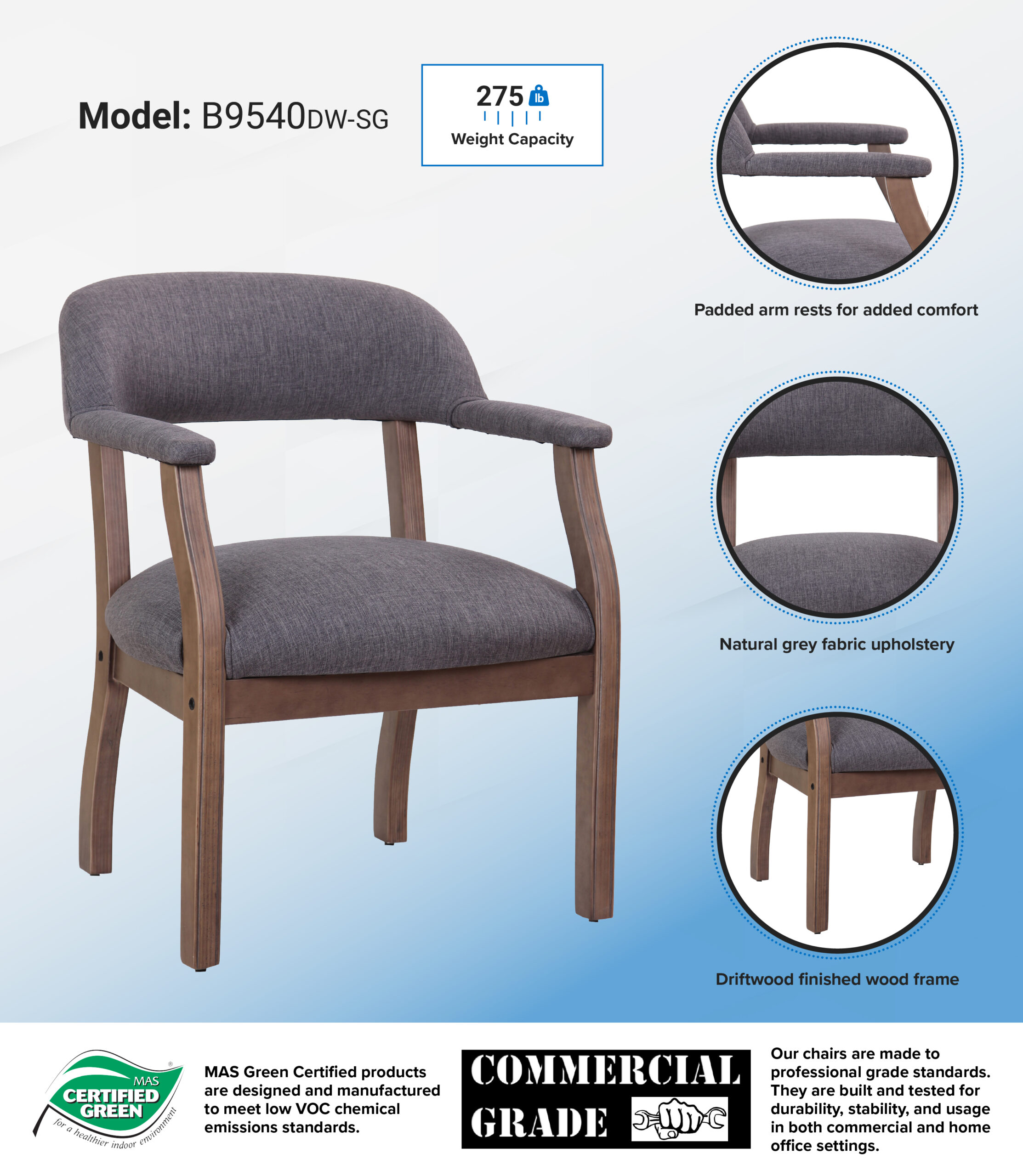 Boss Modern Captain's guest, accent or dining chair in Slate Grade Commercial Grade Linen - Image 11