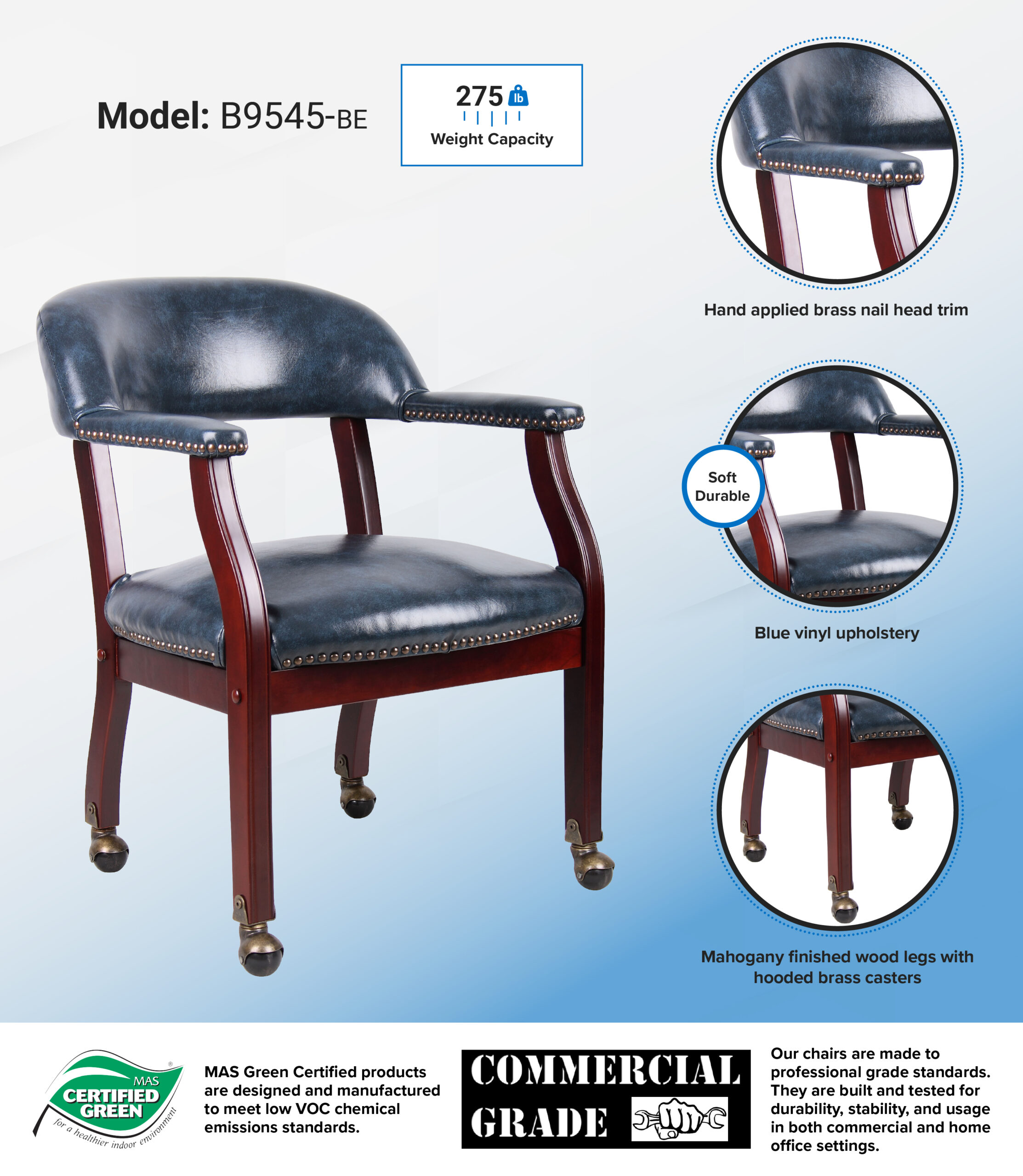Boss Captain's guest, accent or dining chair in Blue Vinyl W/ Casters - Image 11