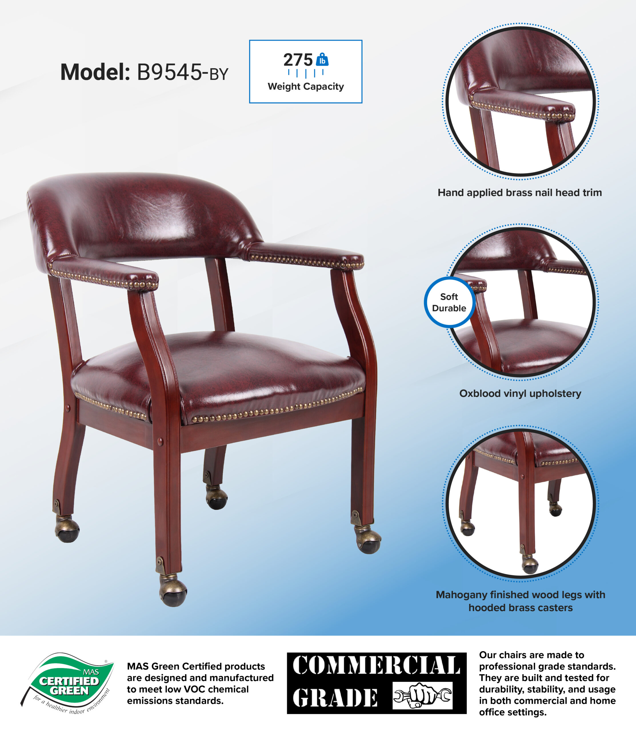 Boss Captain's guest, accent or dining chair in Burgundy Vinyl W/ Casters - Image 11