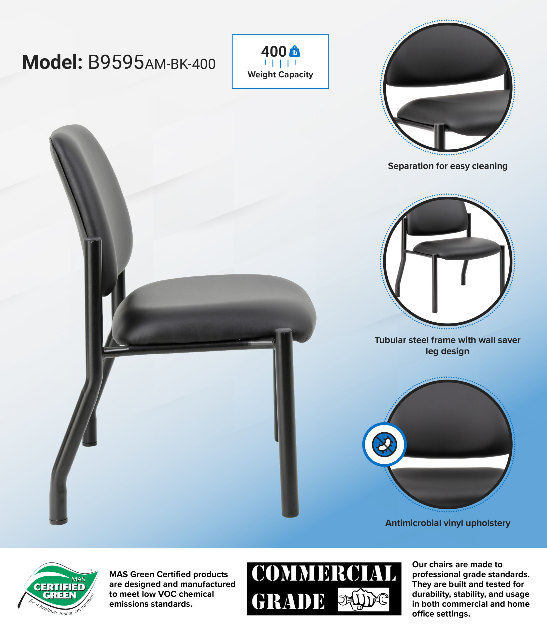 Boss Chair Mid Back Armless Guest Chair, 300 lb capacity, Antimicrobial Vinyl - Image 2