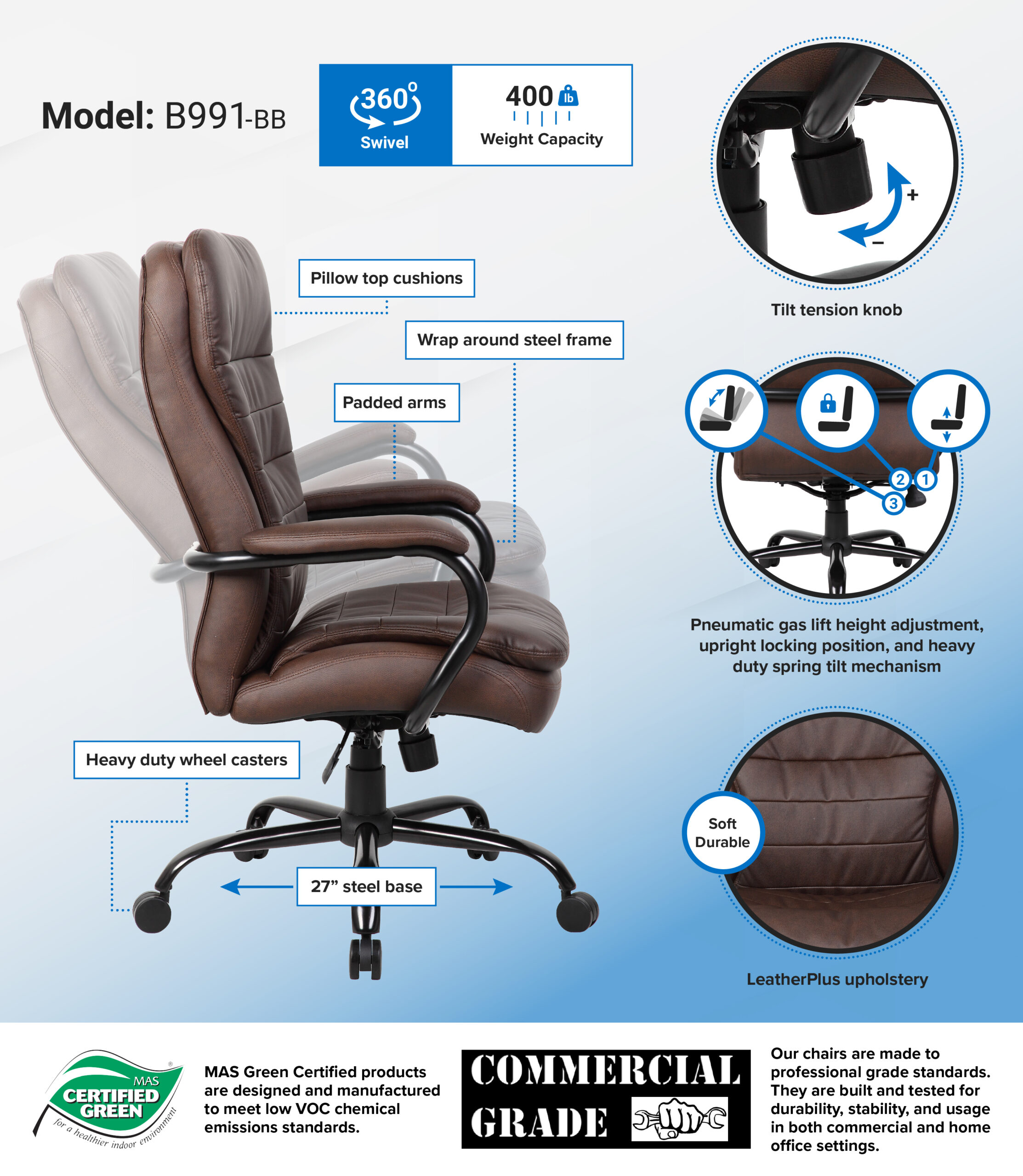 Boss Heavy Duty Double Plush LeatherPlus Chair-400 Lbs. - Image 2
