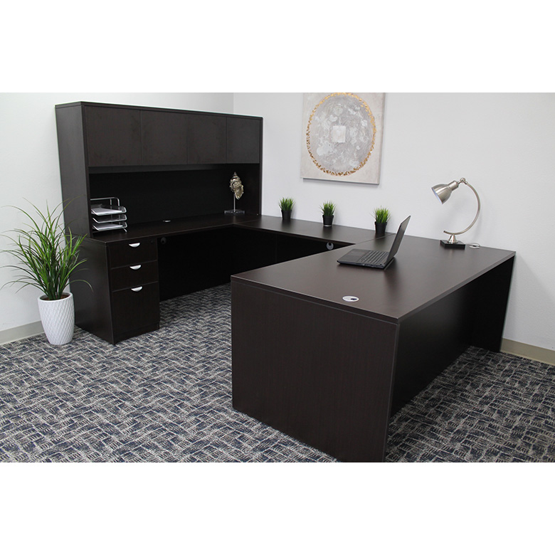 Boss  66 Inch Executive U-Shape Desk with File Storage Pedestal and Hutch, Mocha