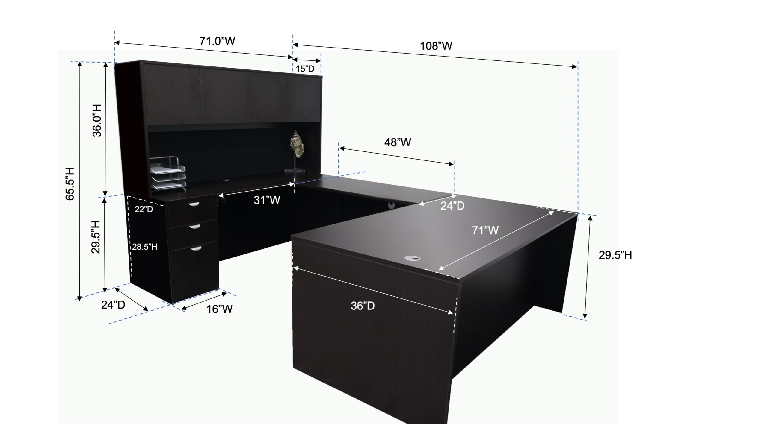Boss  71 Inch Executive U-Shape Desk with File Storage Pedestal and Hutch, Mocha - Image 2