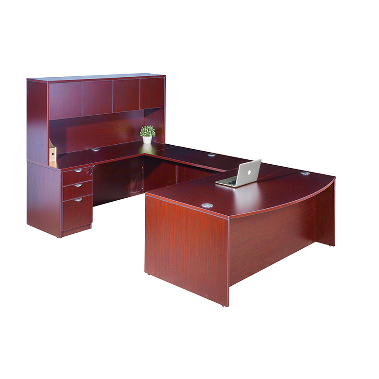 Boss  71 Inch Executive U-Shaped Curved Bow Desk with File Storage Pedestal and Hutch, Mahogany - Image 2