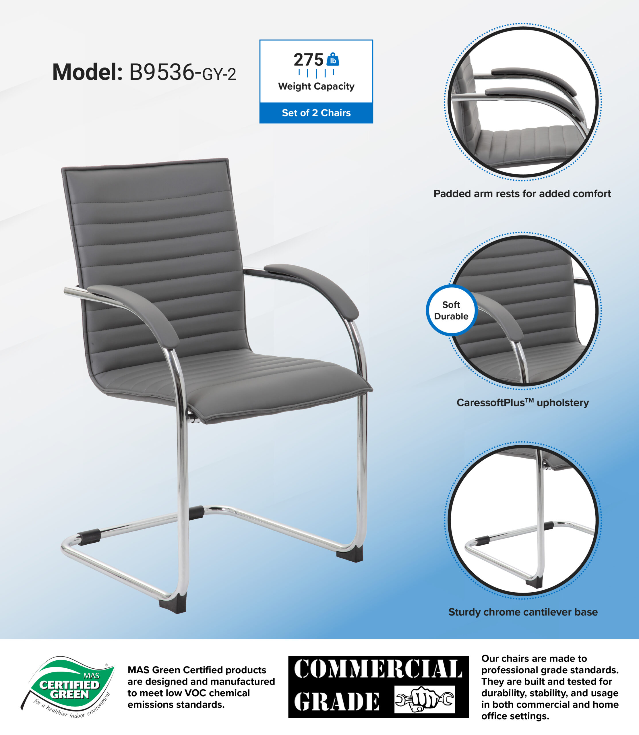 Boss Chrome Frame Grey Caressoftplus Vinyl Side Chair, (set of 2) - Image 10