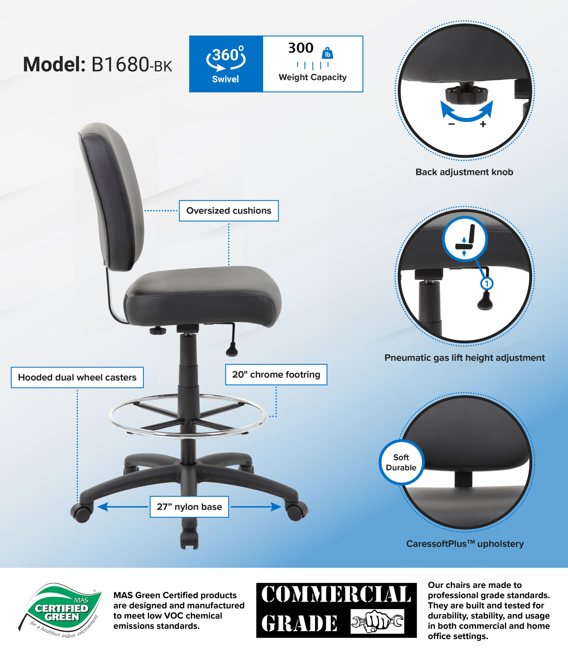 Boss 300 lb Heavy Duty Office Stool, Black - Image 2