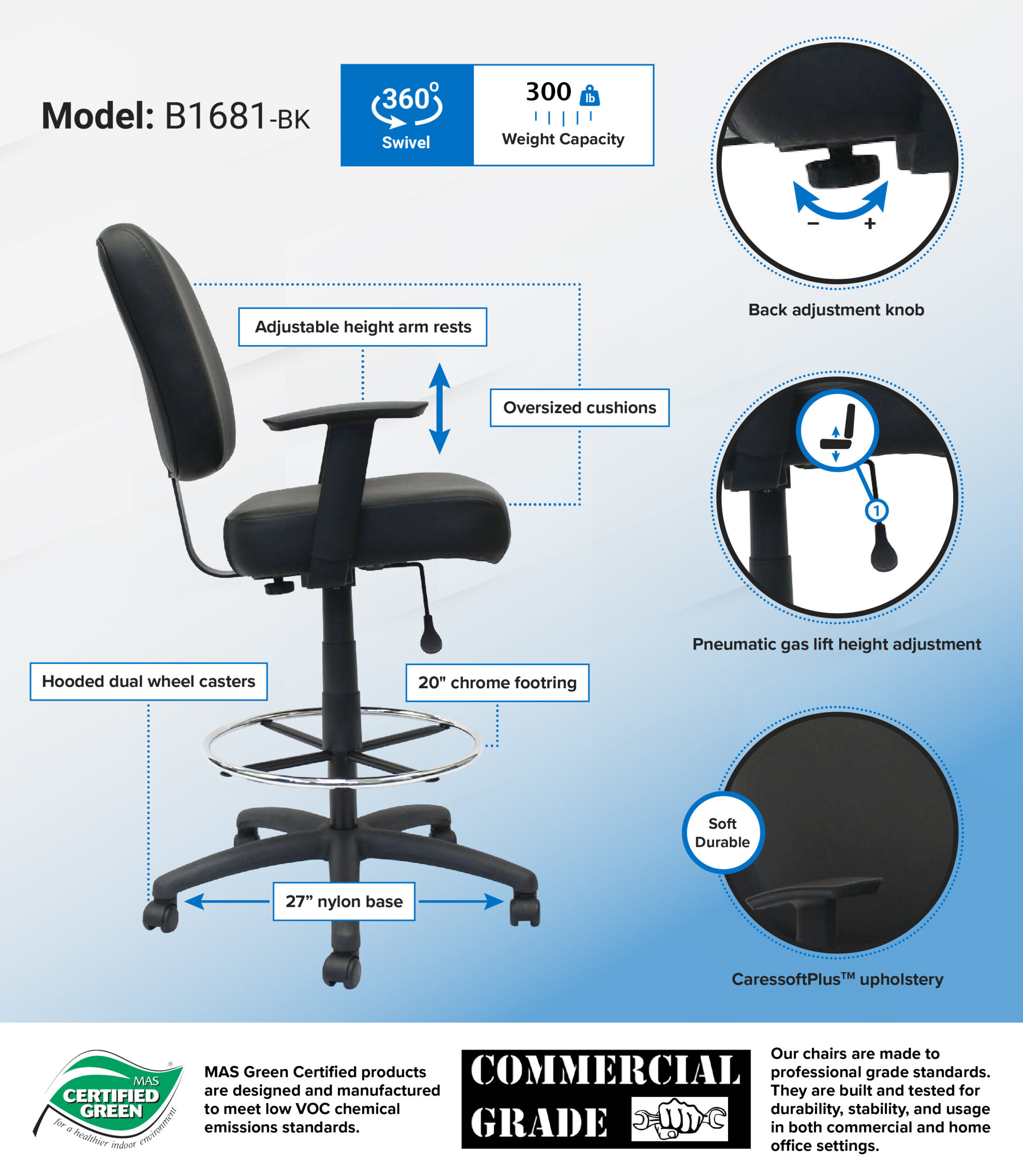 Boss 300 lb Heavy Duty Office Stool w/Adj Armrest, Black - Image 2