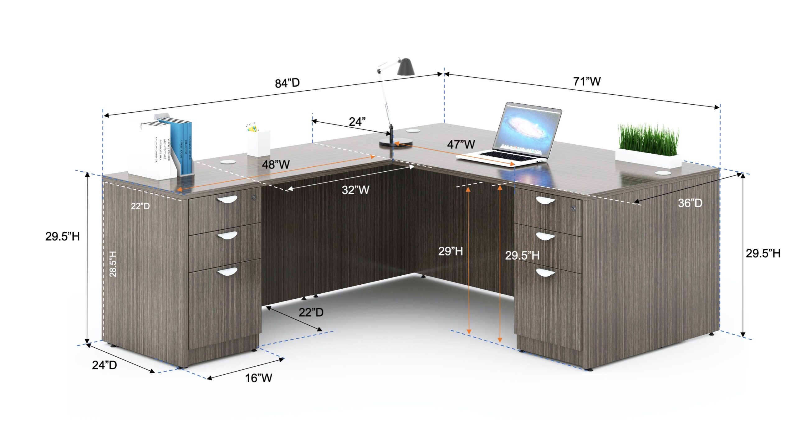 Boss  71 Inch Executive L-Shape Corner Desk with Dual File Storage Pedestals, Driftwood - Image 2