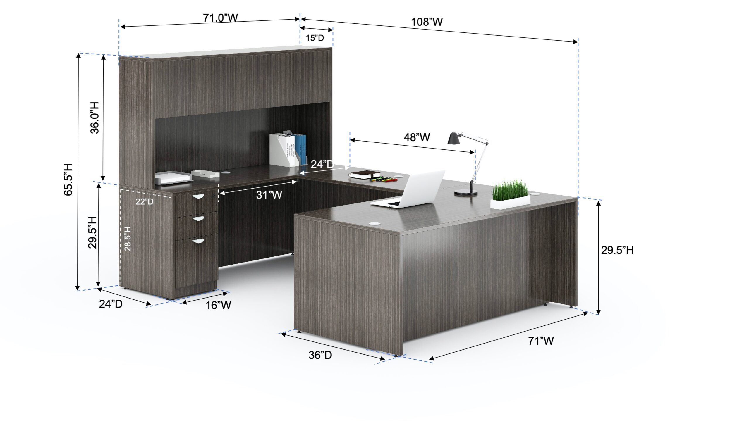 Boss  71 Inch Executive U-Shape Desk with File Storage Pedestal and Hutch, Driftwood - Image 3