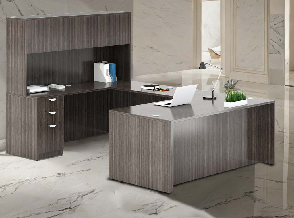 Boss  71 Inch Executive U-Shape Desk with File Storage Pedestal and Hutch, Driftwood - Image 2