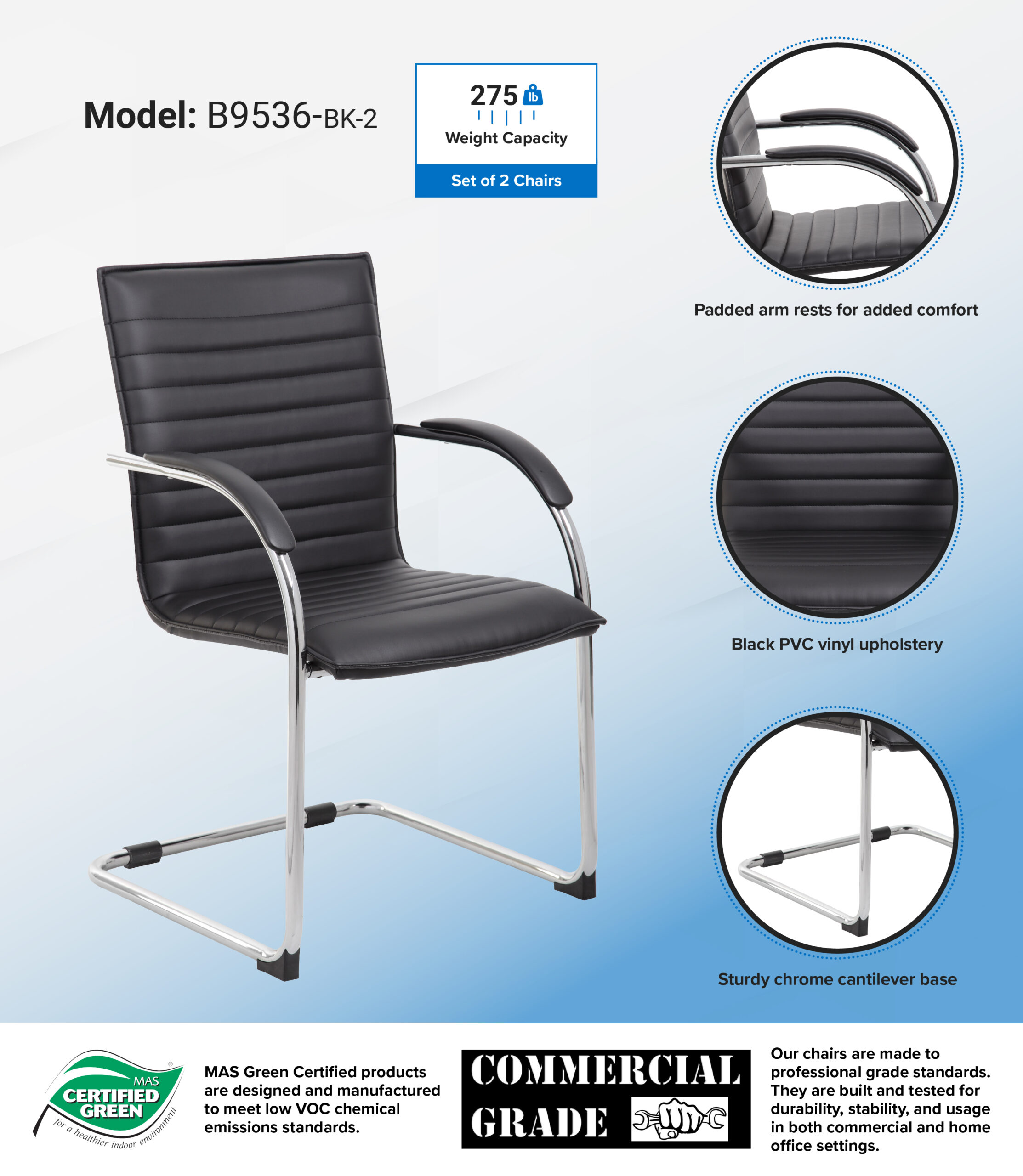 Boss Chrome Frame Black PVC Vinyl Side Chair, (set of 2) - Image 9