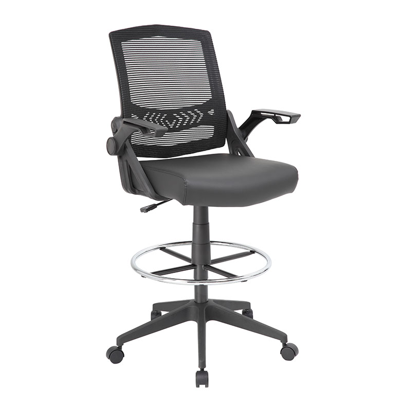 Boss Office NTR AM Vinyl Flip Arm Mesh Drafting Stool, Black